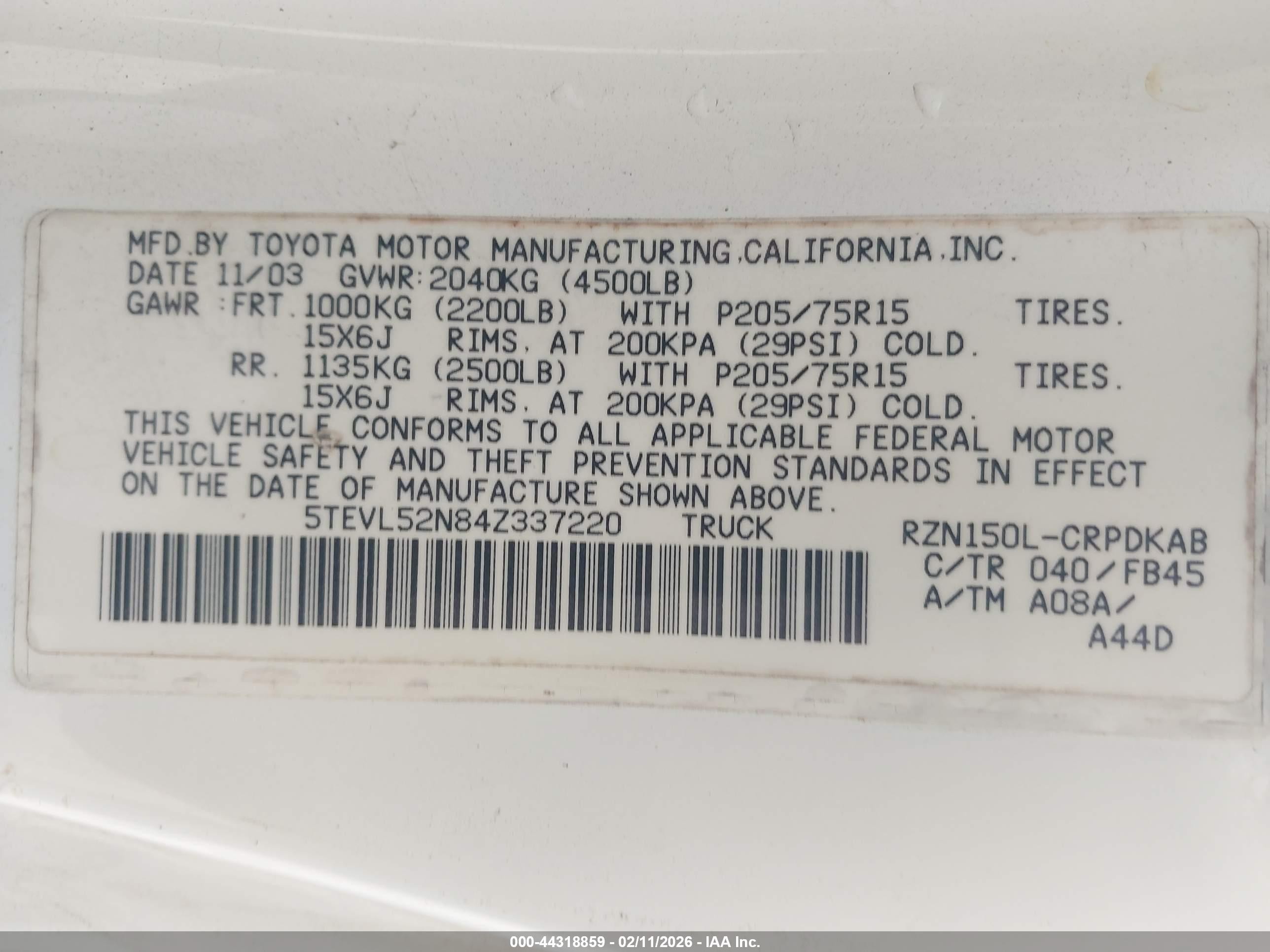 2004 Toyota Tacoma   White vin: 5TEVL52N84Z337220