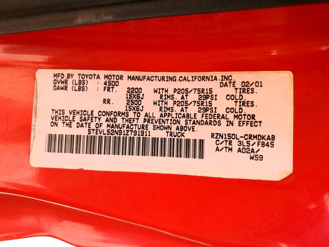 2001 Toyota Tacoma Xtracab Red vin: 5TEVL52N91Z791911