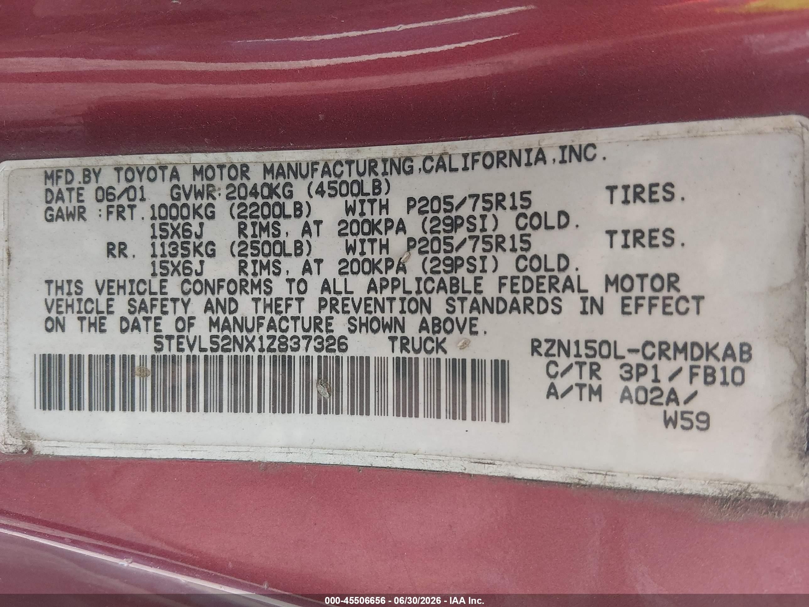 2001 Toyota Tacoma   Red vin: 5TEVL52NX1Z837326