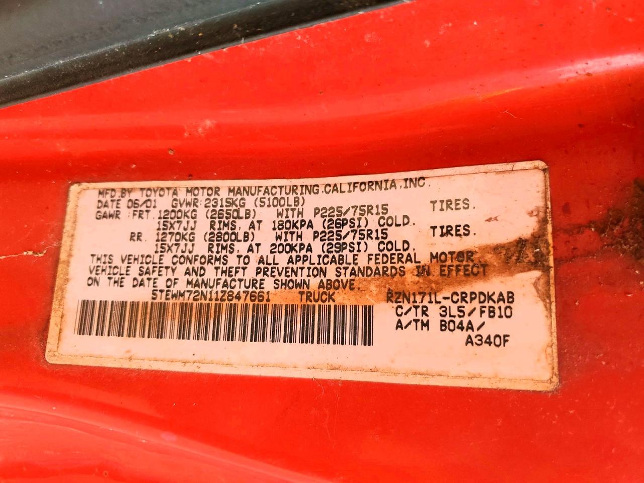 2001 Toyota Tacoma Xtracab Red vin: 5TEWM72N11Z847661