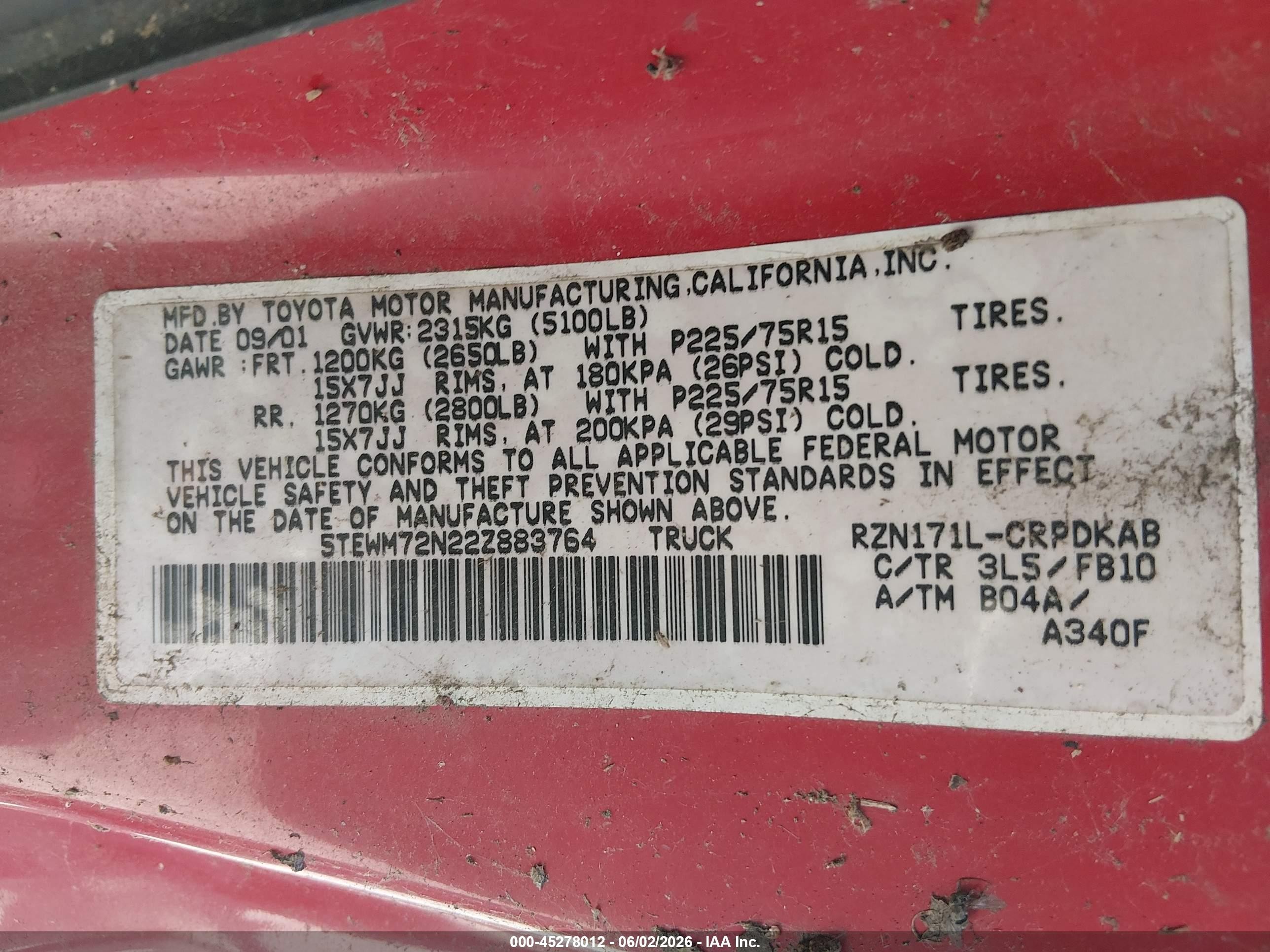 2002 Toyota Tacoma   Red vin: 5TEWM72N22Z883764