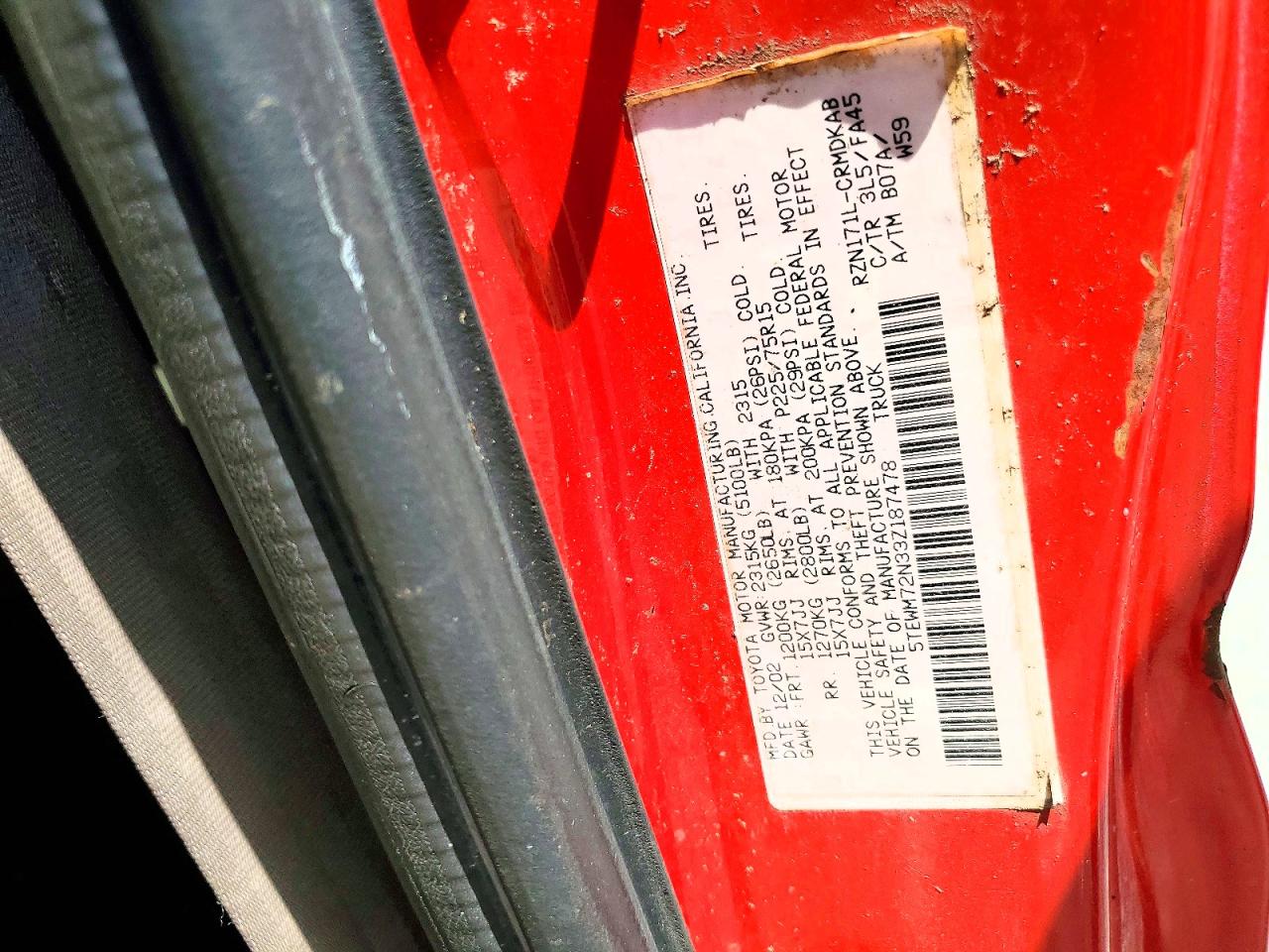 2003 Toyota Tacoma Deluxe Red vin: 5TEWM72N33Z187478