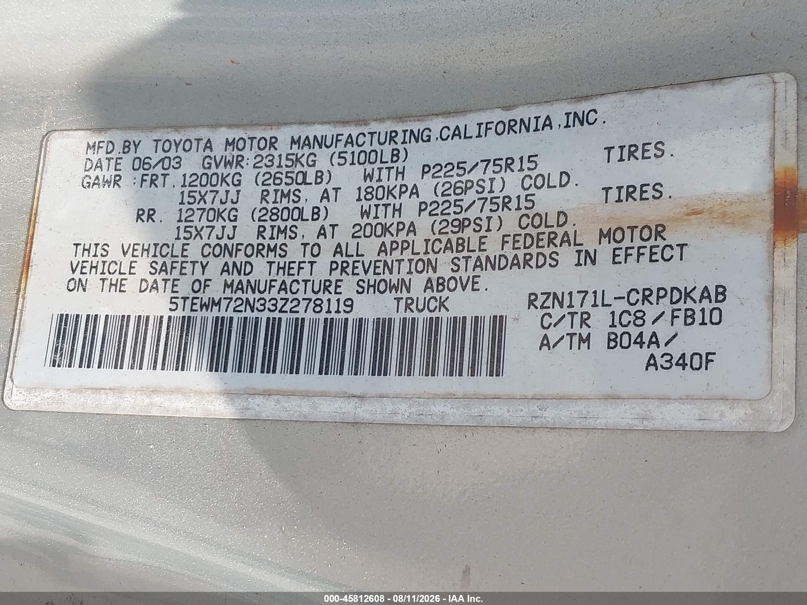 2003 Toyota Tacoma Gray vin: 5TEWM72N33Z278119