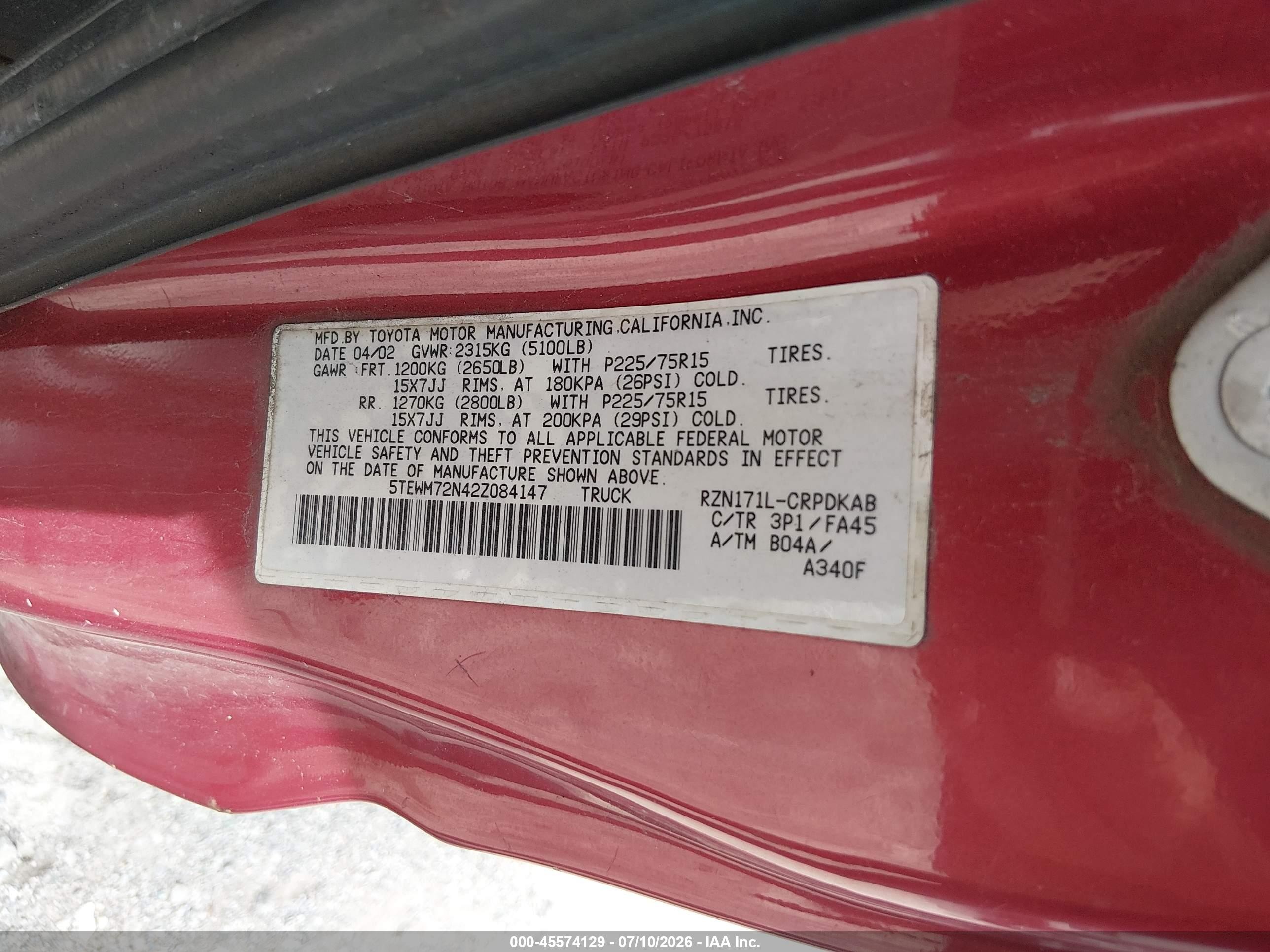 2002 Toyota Tacoma   Red vin: 5TEWM72N42Z084147