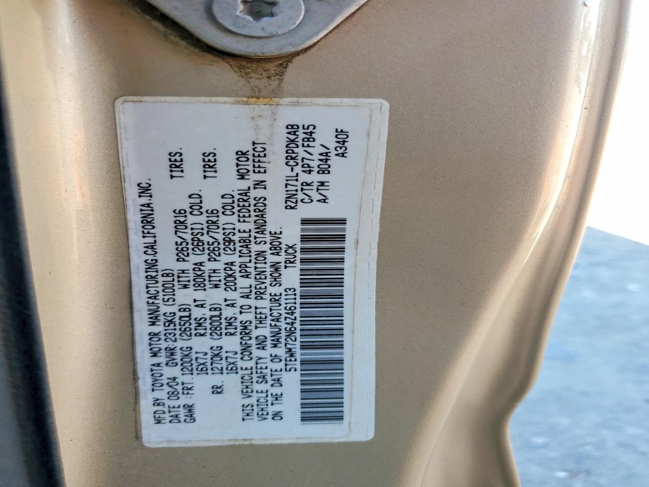 2004 Toyota Tacoma Xtracab Beige vin: 5TEWM72N64Z461113