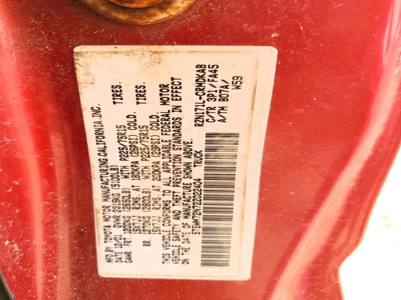 2002 Toyota Tacoma Base Red vin: 5TEWM72N72Z022404