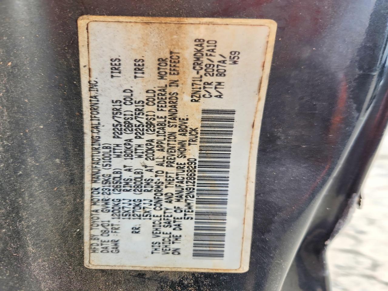 2001 Toyota Tacoma Xtracab Charcoal vin: 5TEWM72N91Z868290