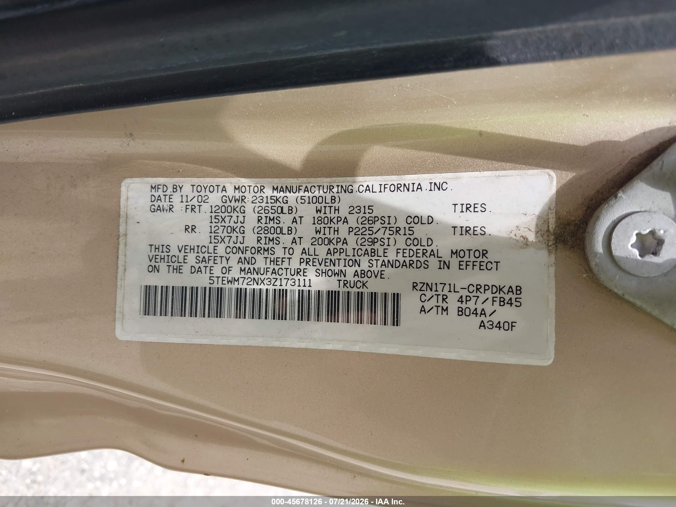 2003 Toyota Tacoma   Beige vin: 5TEWM72NX3Z173111