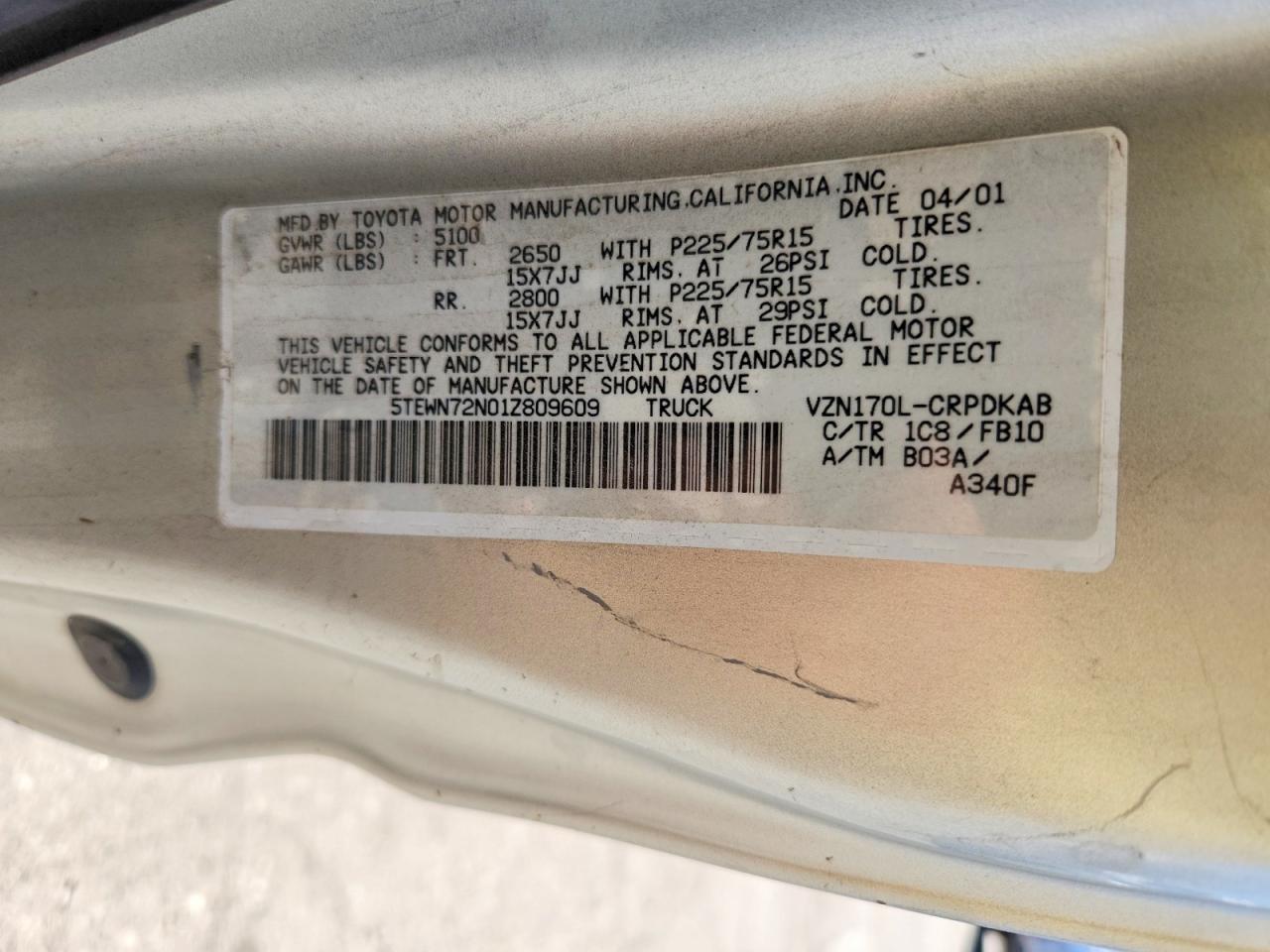 2001 Toyota Tacoma Xtracab Silver vin: 5TEWN72N01Z809609