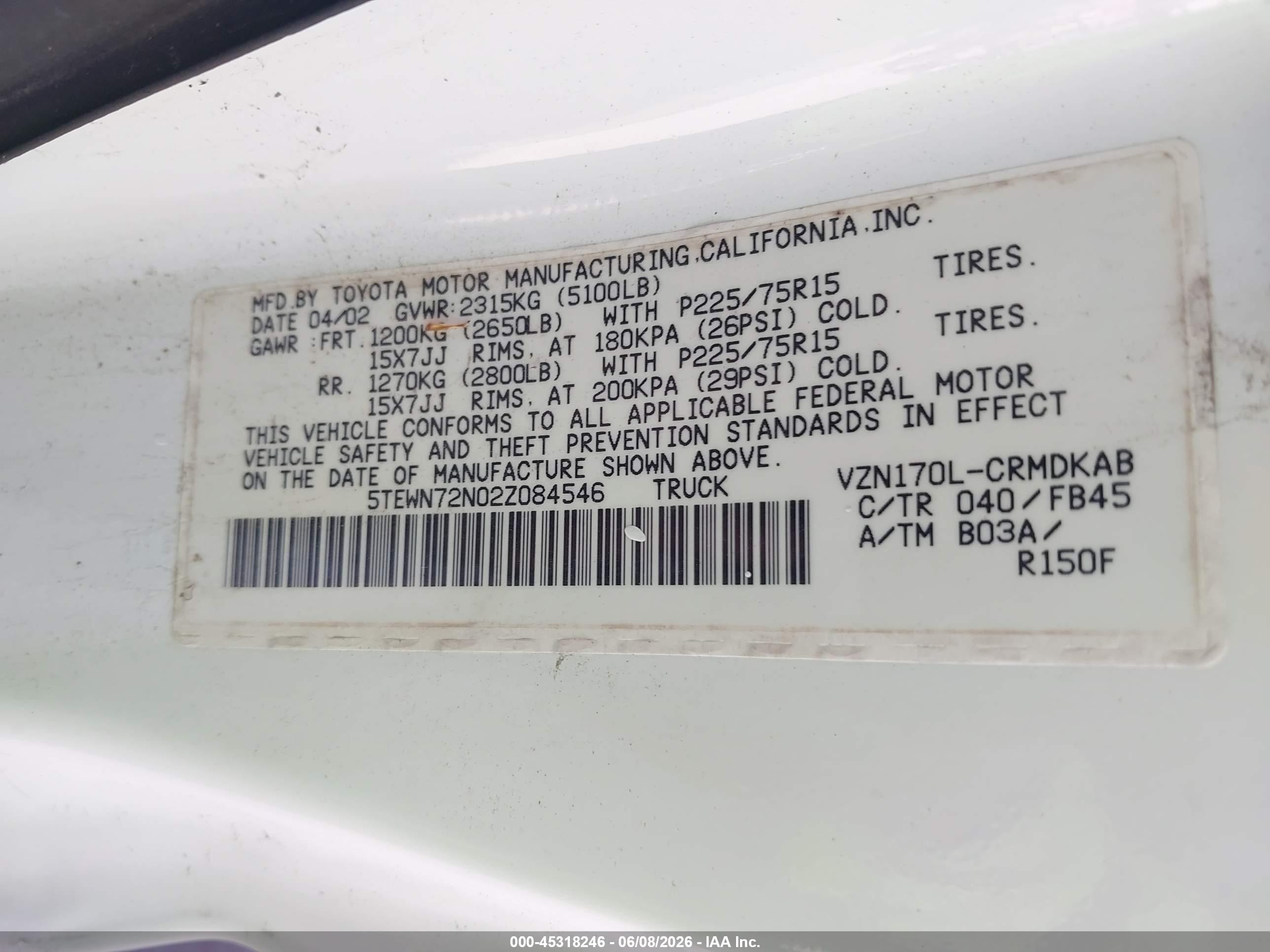 2002 Toyota Tacoma Base V6 White vin: 5TEWN72N02Z084546
