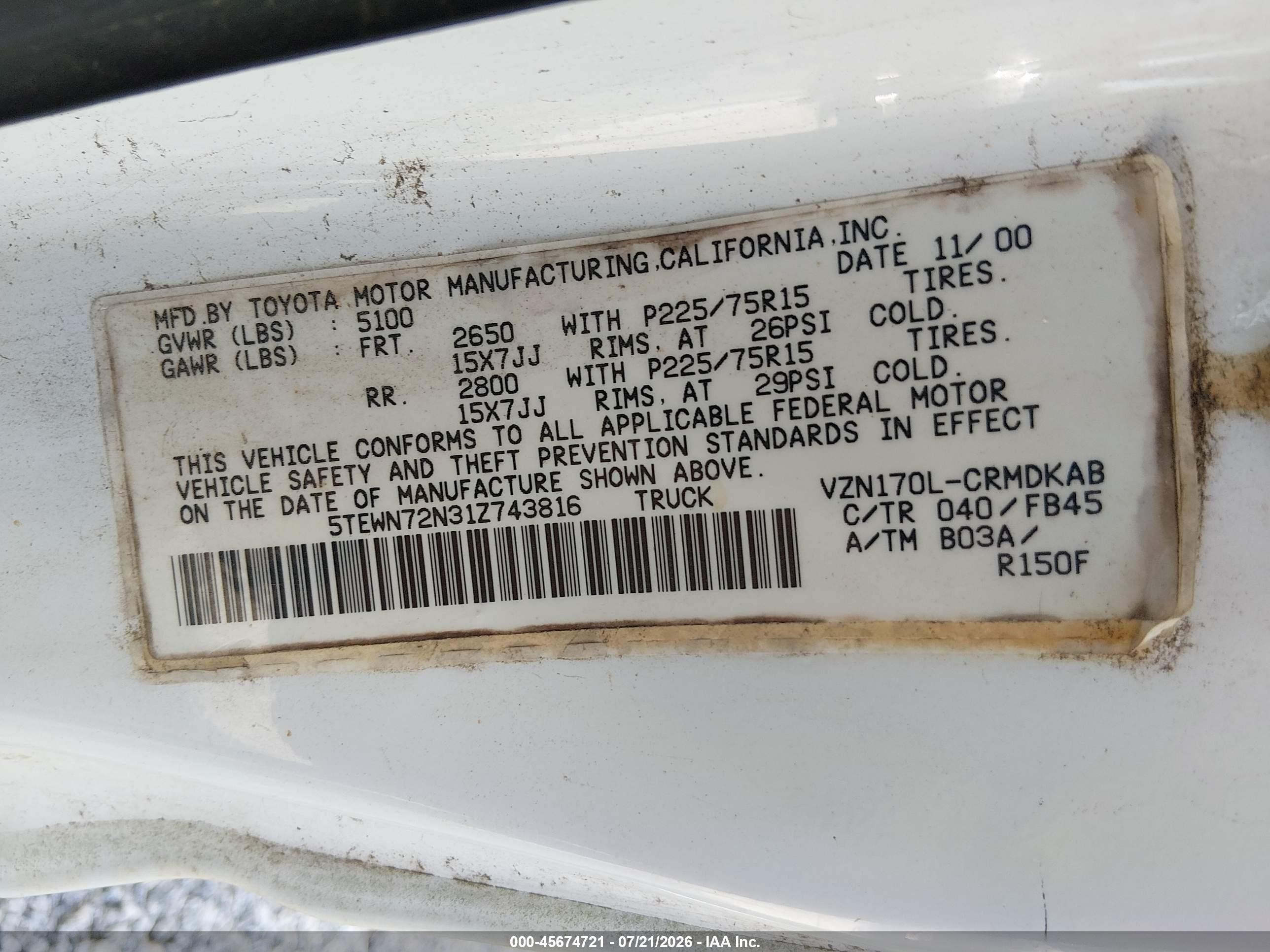 2001 Toyota Tacoma Base V6 White vin: 5TEWN72N31Z743816