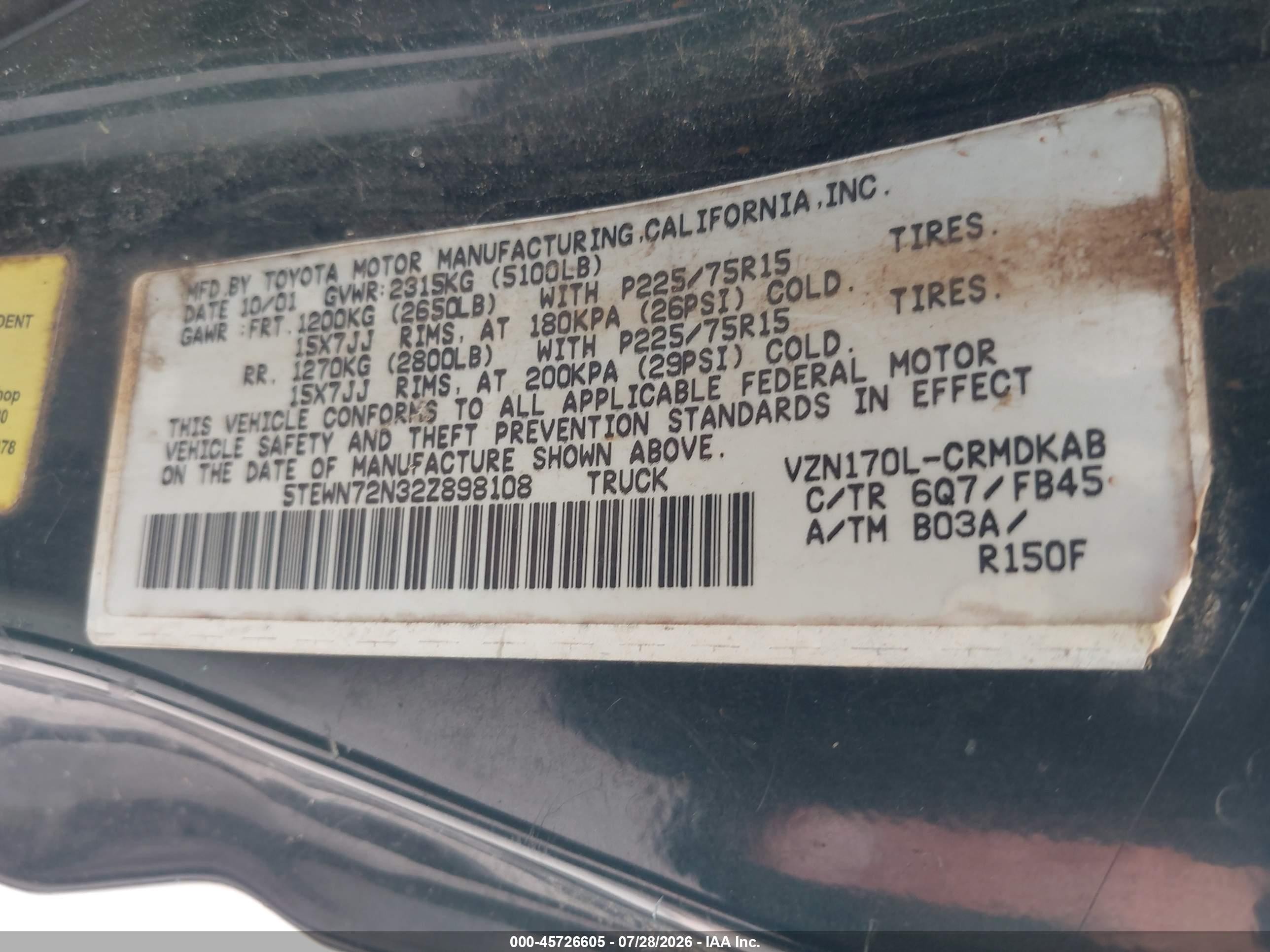2002 Toyota Tacoma Base V6 Green vin: 5TEWN72N32Z898108