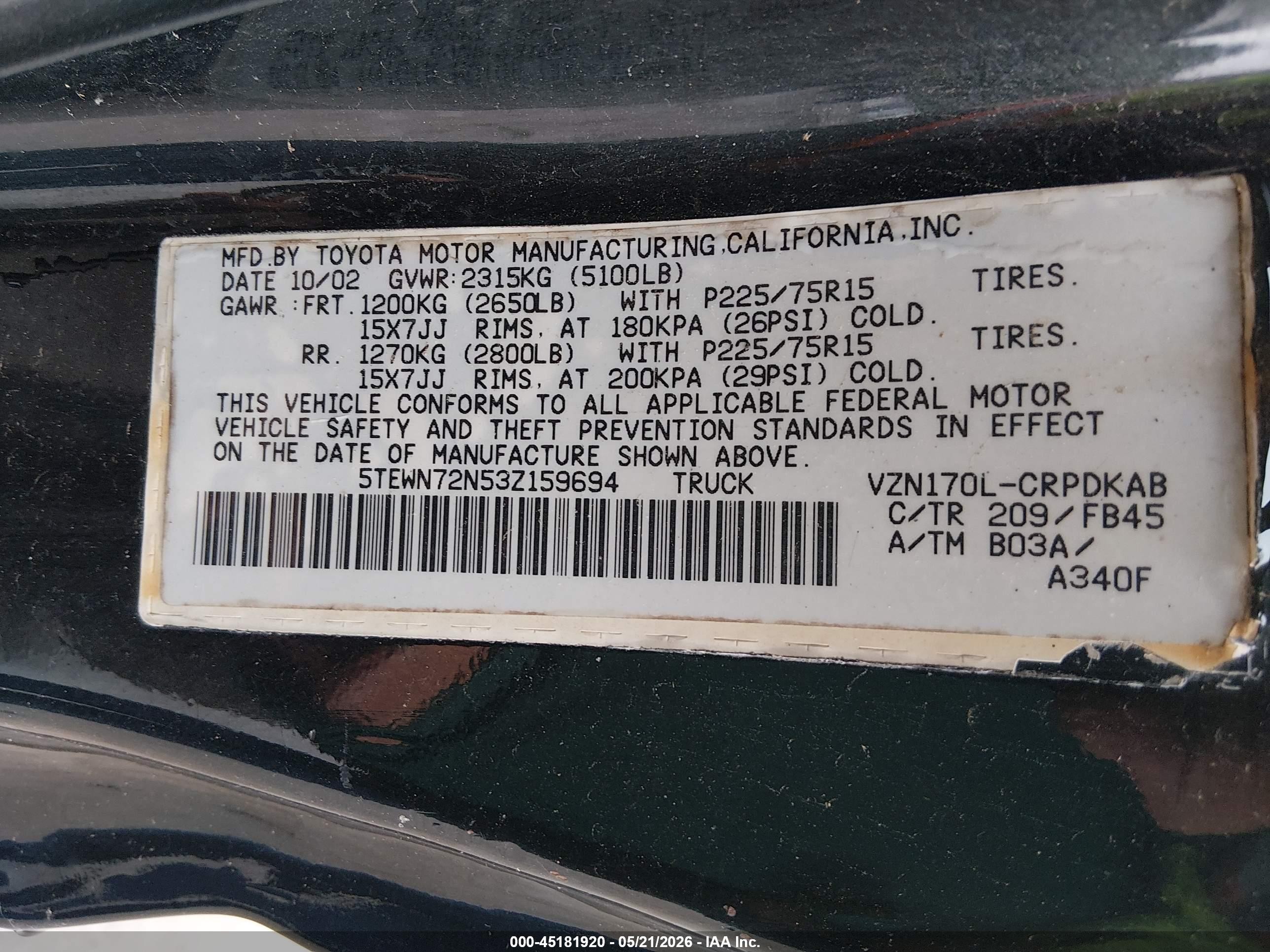 2003 Toyota Tacoma Base V6 Black vin: 5TEWN72N53Z159694
