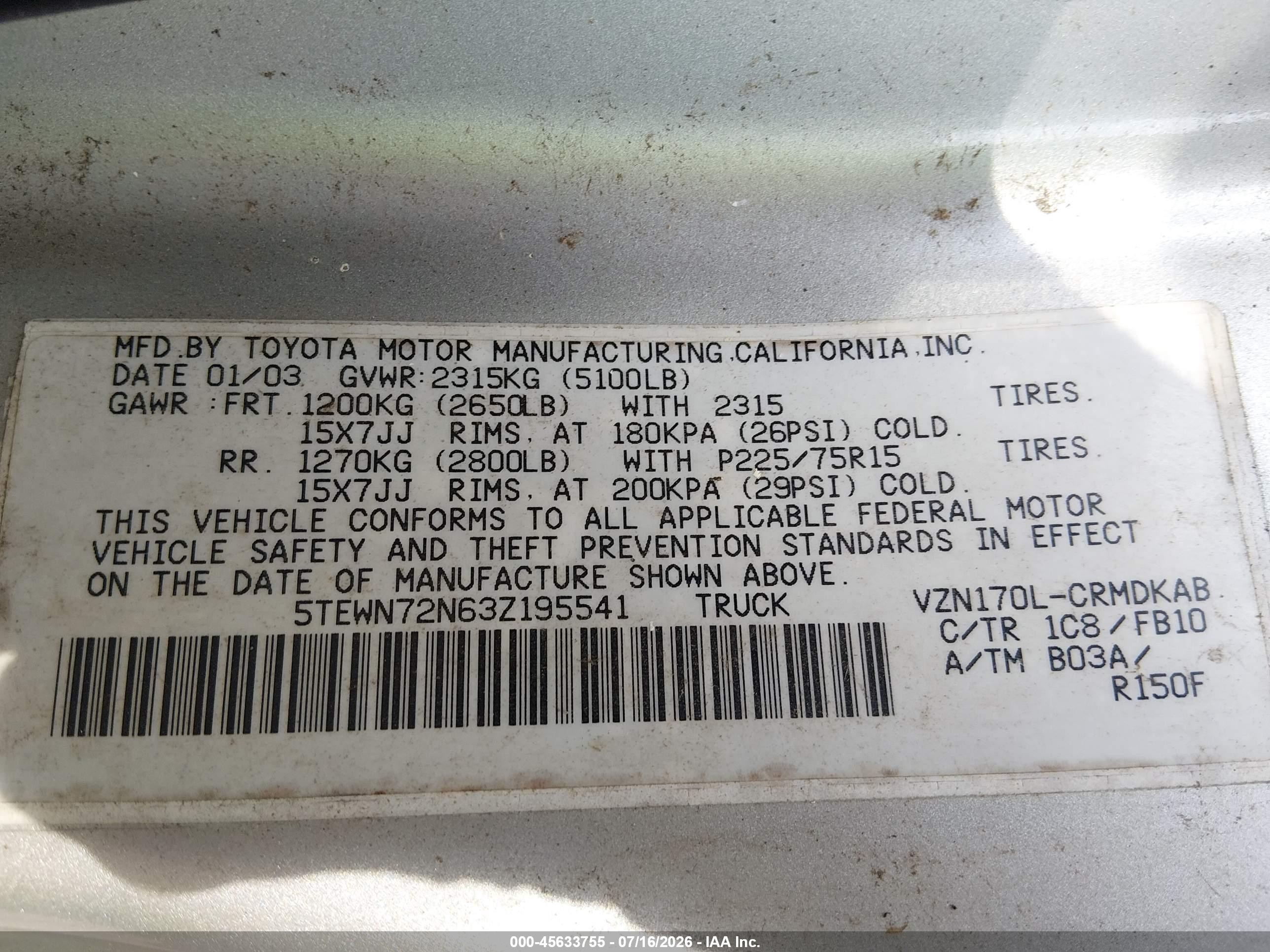 2003 Toyota Tacoma Base V6 Silver vin: 5TEWN72N63Z195541