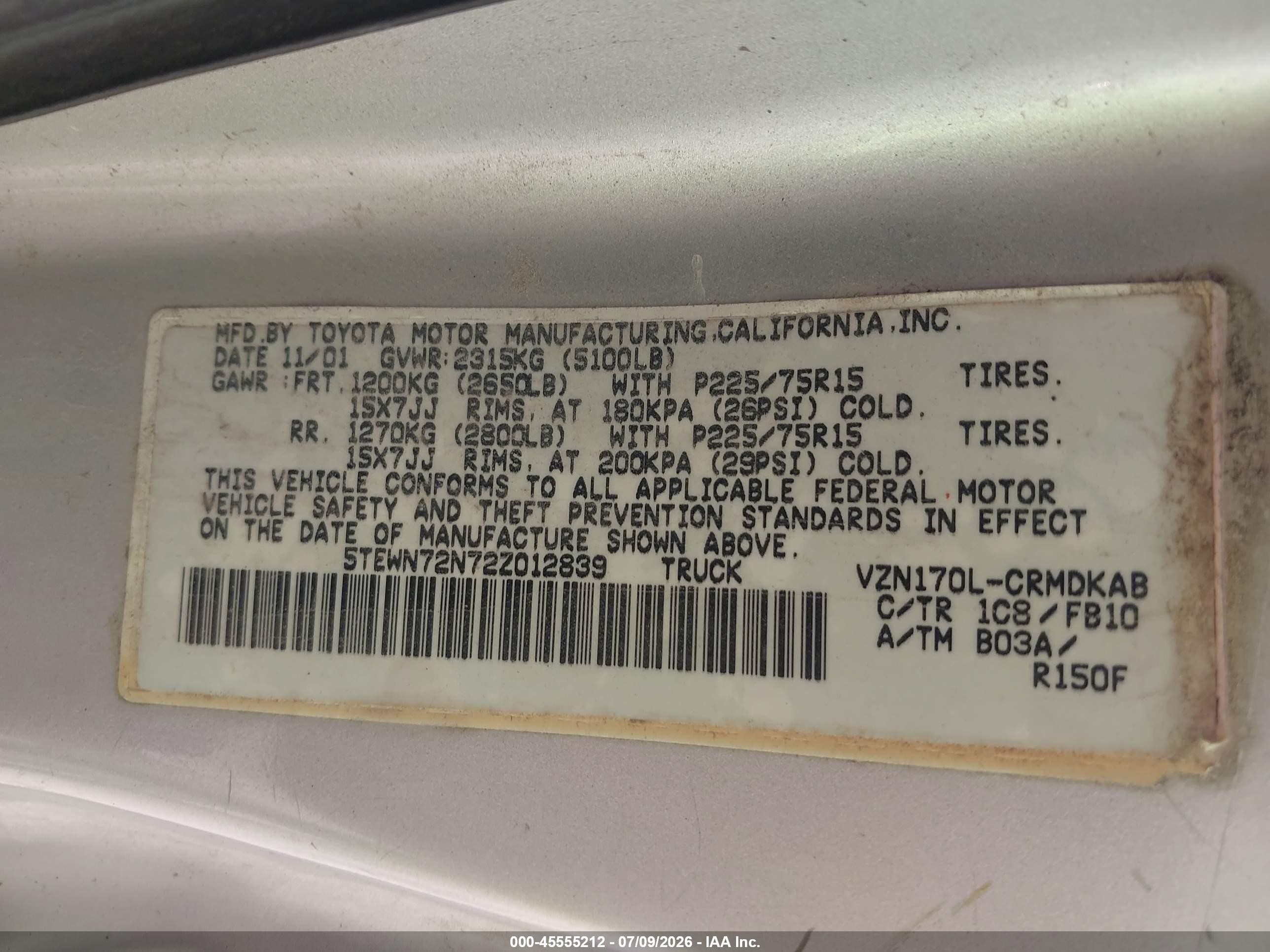 2002 Toyota Tacoma Base V6 Silver vin: 5TEWN72N72Z012839