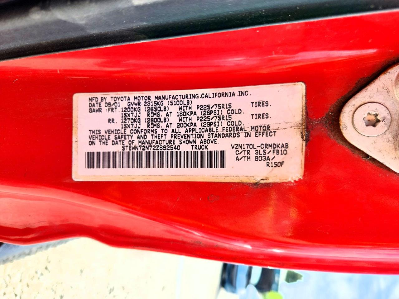 2002 Toyota Tacoma V6 Red vin: 5TEWN72N72Z892540