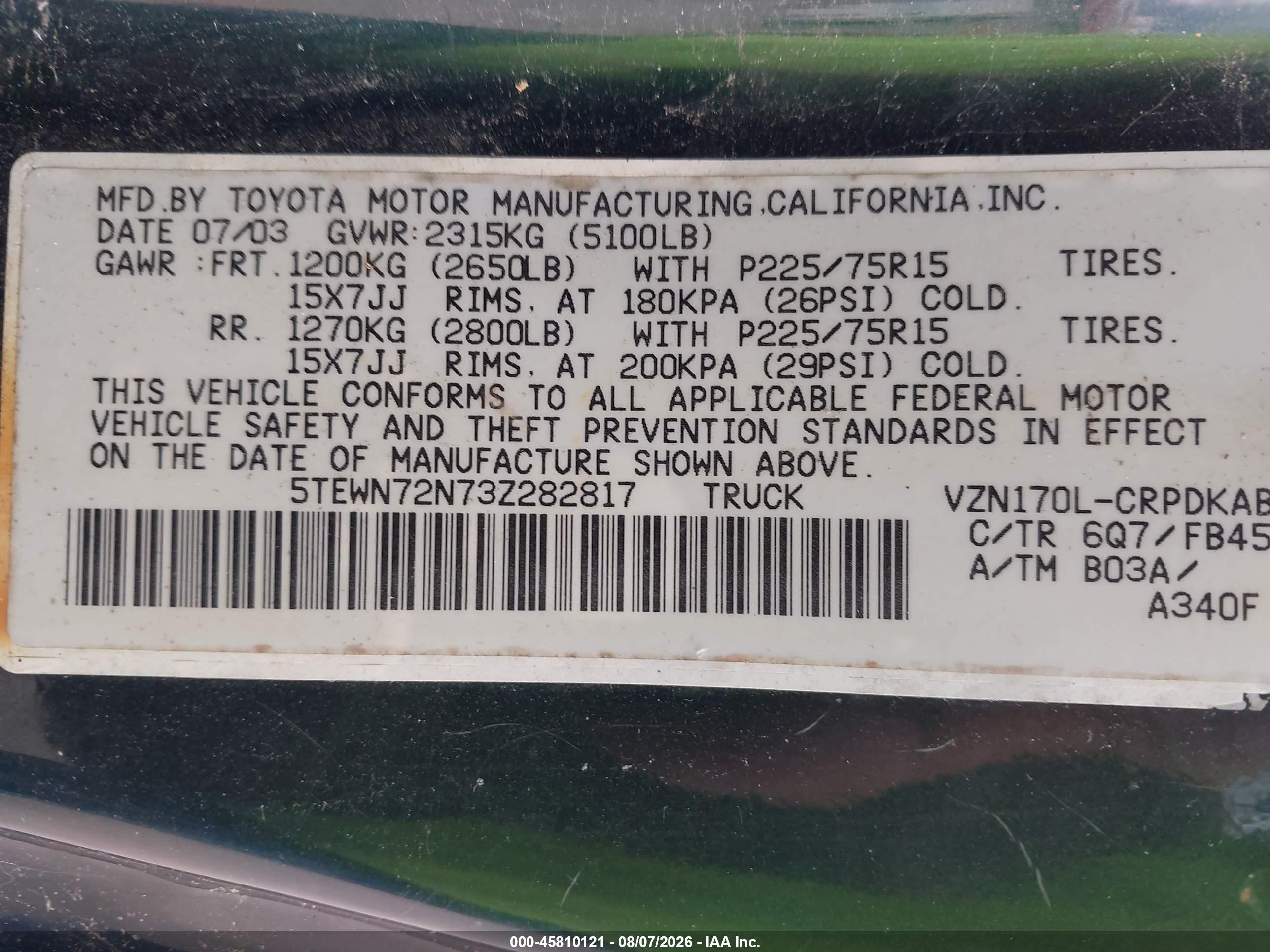 2003 Toyota Tacoma Base V6 Green vin: 5TEWN72N73Z282817