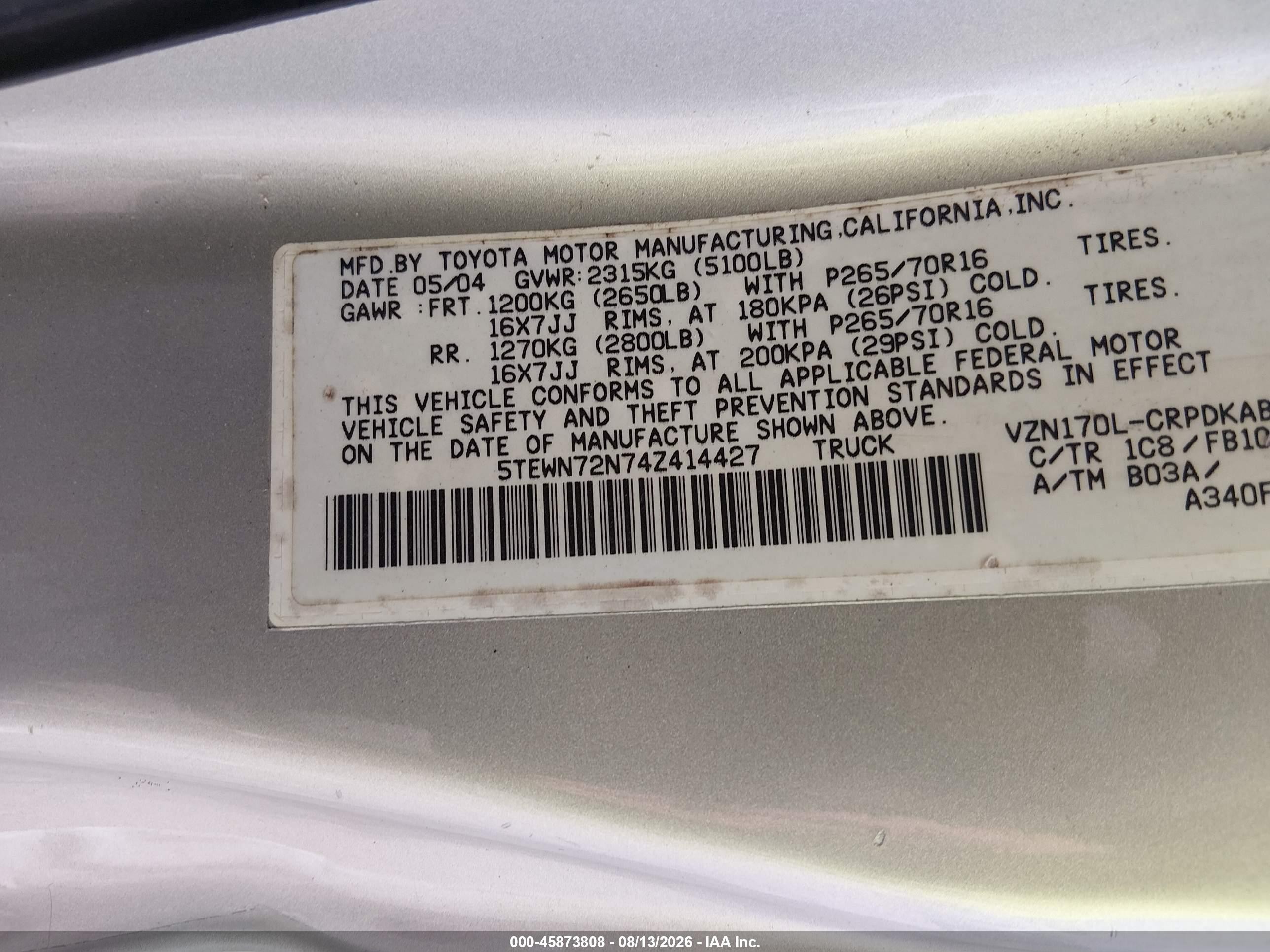 2004 Toyota Tacoma Base V6 Silver vin: 5TEWN72N74Z414427