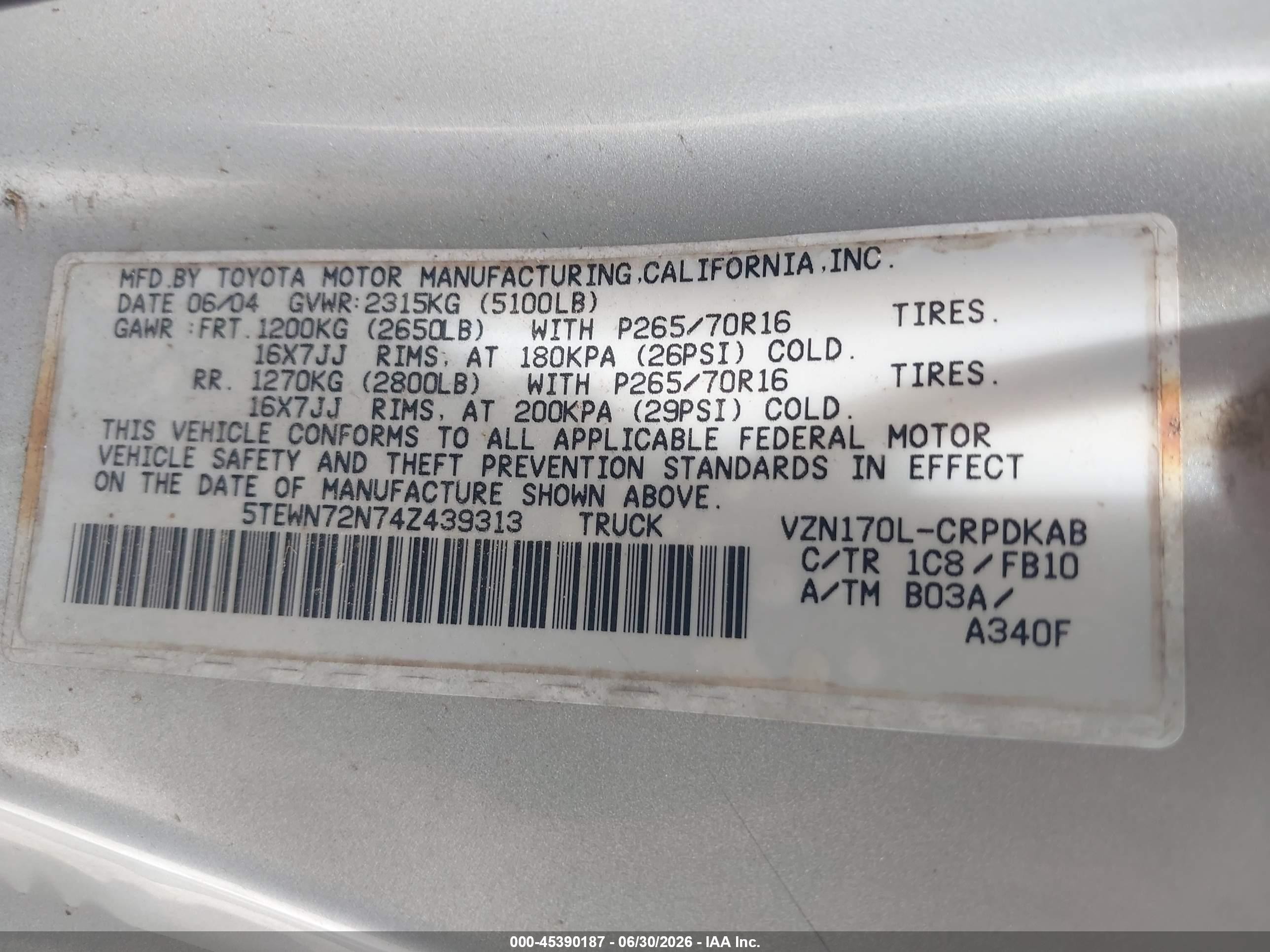 2004 Toyota Tacoma Base V6 Silver vin: 5TEWN72N74Z439313
