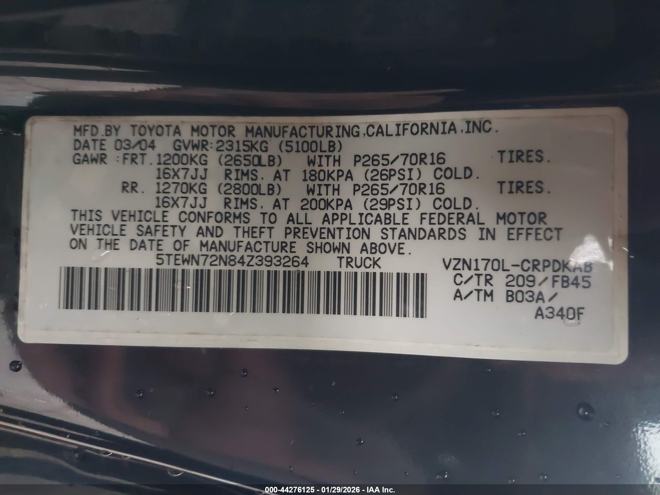 2004 Toyota Tacoma Base V6 Black vin: 5TEWN72N84Z393264