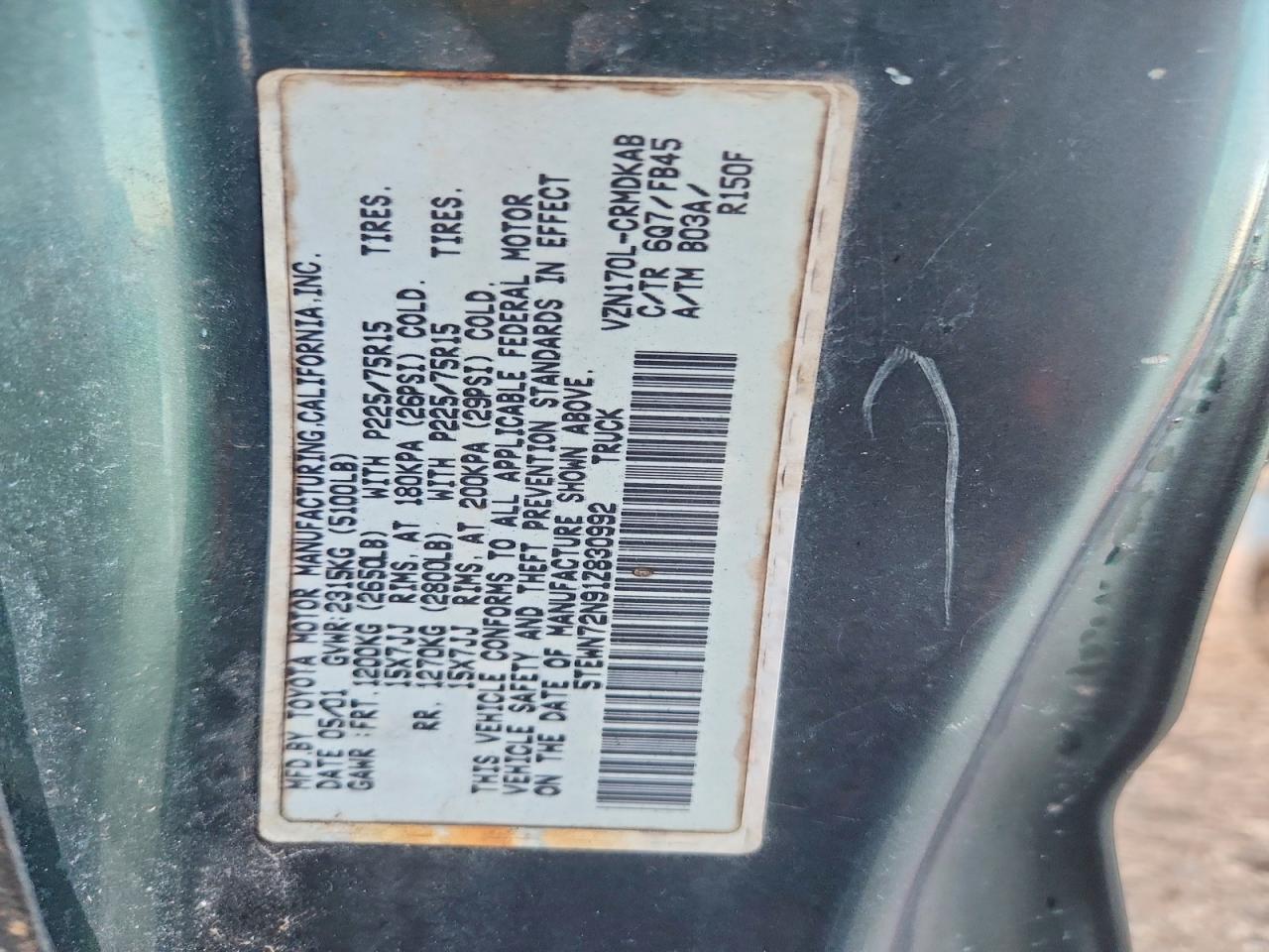 2001 Toyota Tacoma V6 Green vin: 5TEWN72N91Z830992