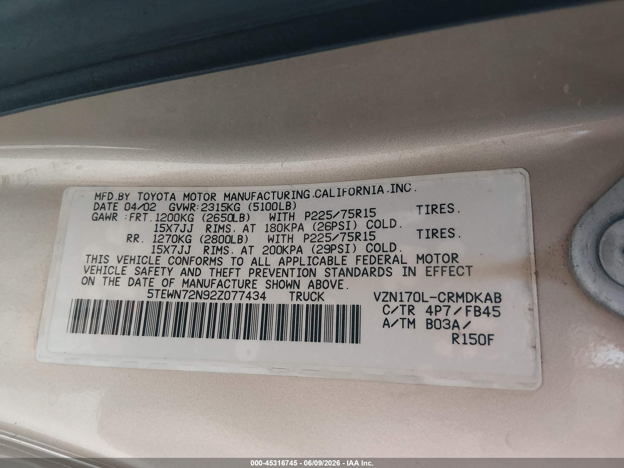 2002 Toyota Tacoma Base V6 Beige vin: 5TEWN72N92Z077434