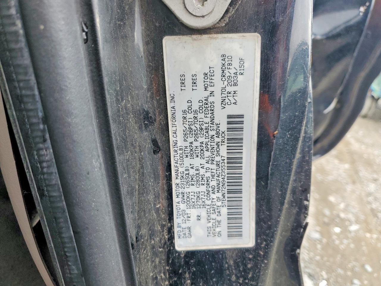 2004 Toyota Tacoma Xtracab Black vin: 5TEWN72N94Z355347