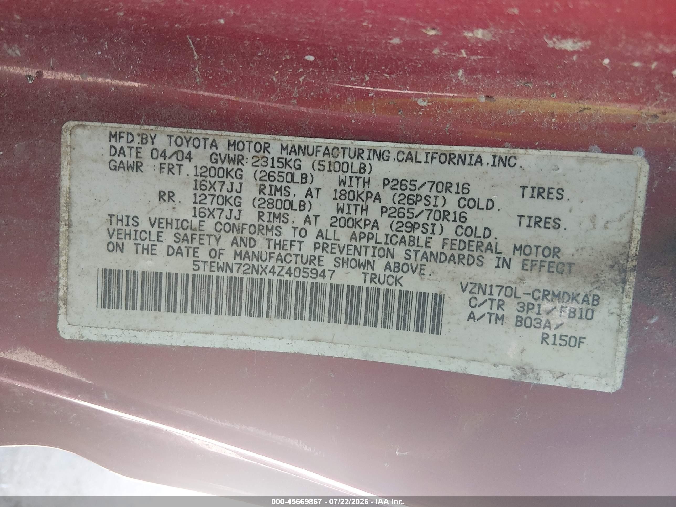2004 Toyota Tacoma Base V6 Red vin: 5TEWN72NX4Z405947