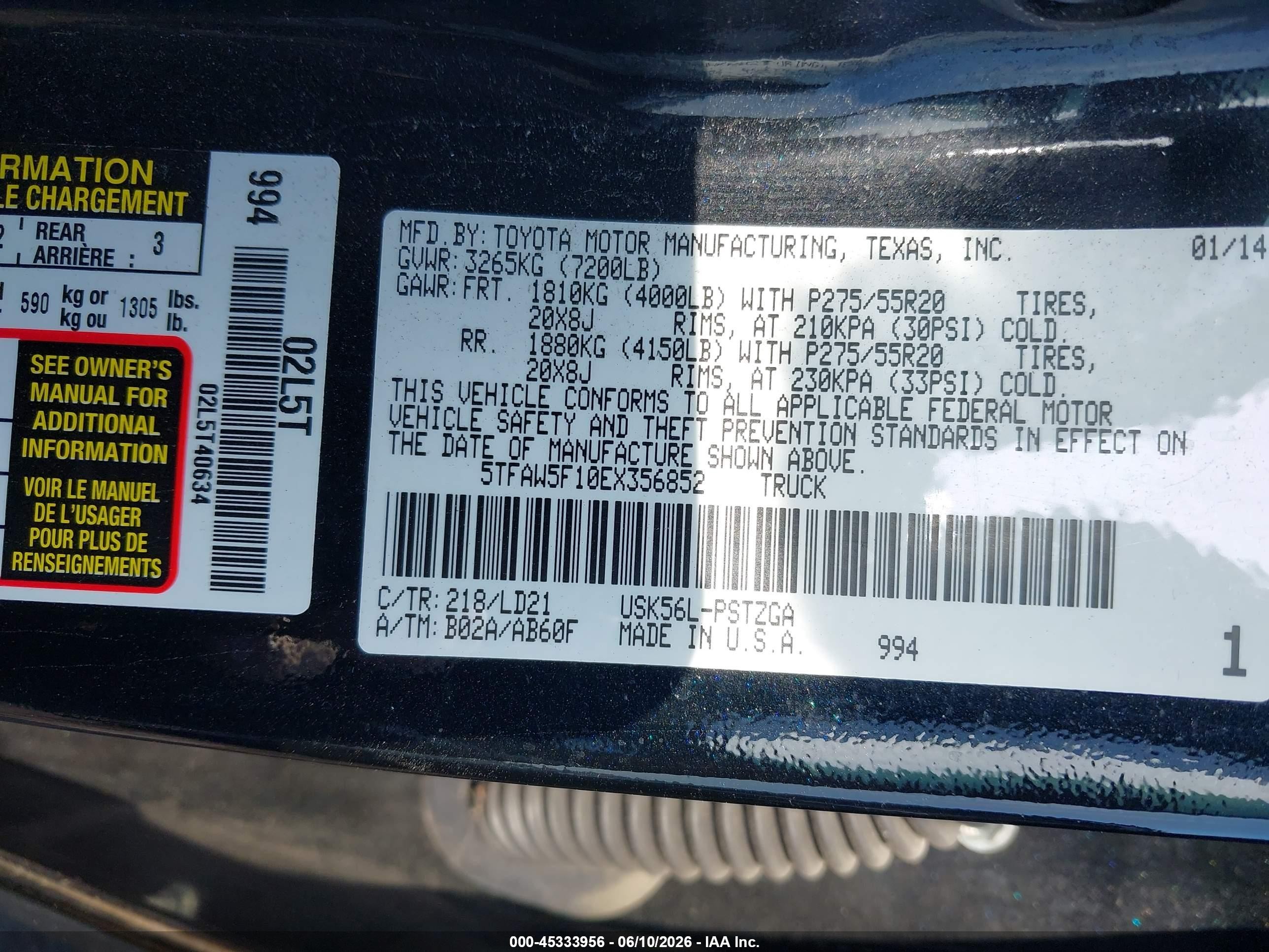2014 Toyota Tundra 1794 5.7l V8 Black vin: 5TFAW5F10EX356852