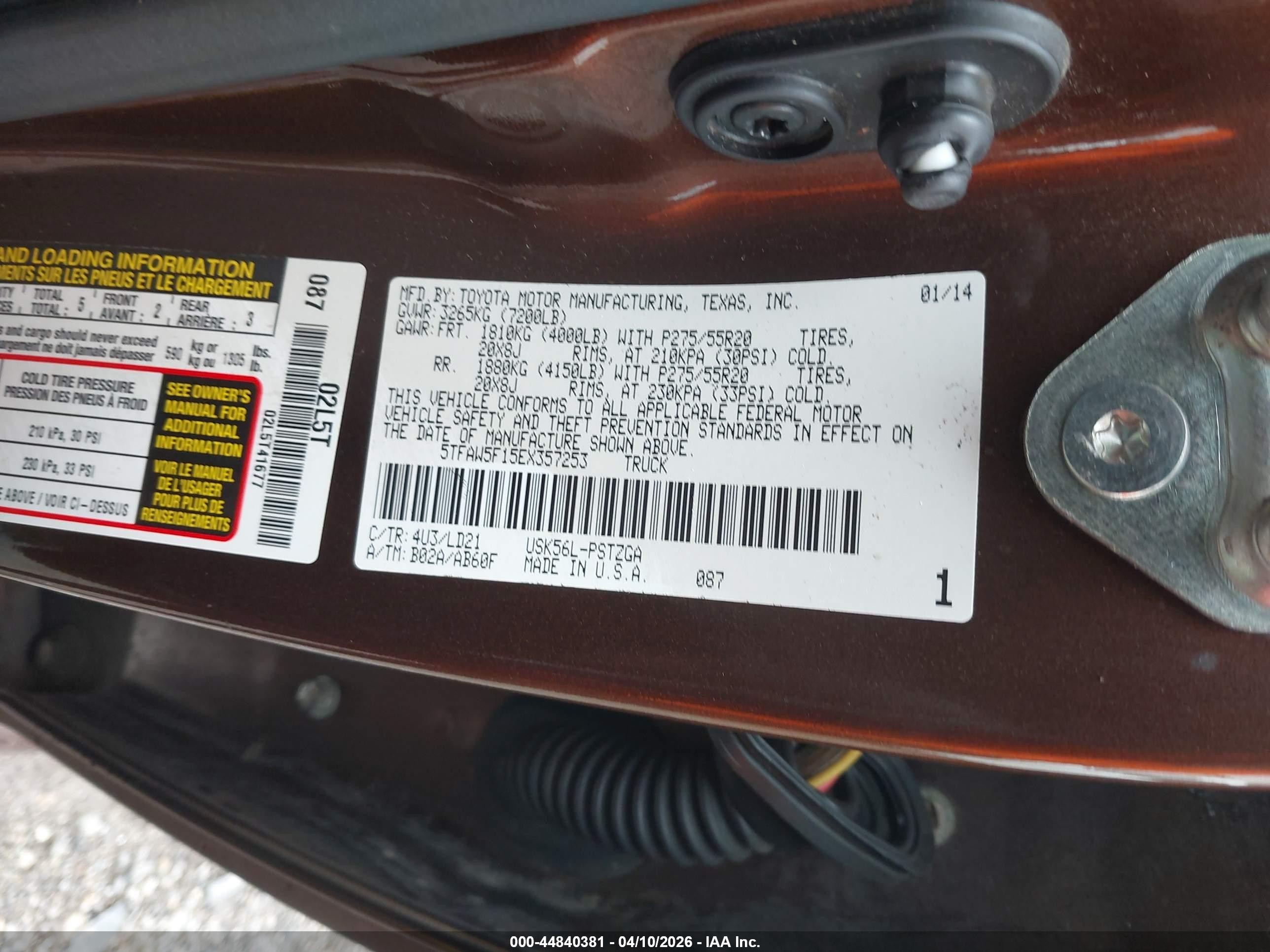 2014 Toyota Tundra 1794 5.7l V8 Коричневый vin: 5TFAW5F15EX357253