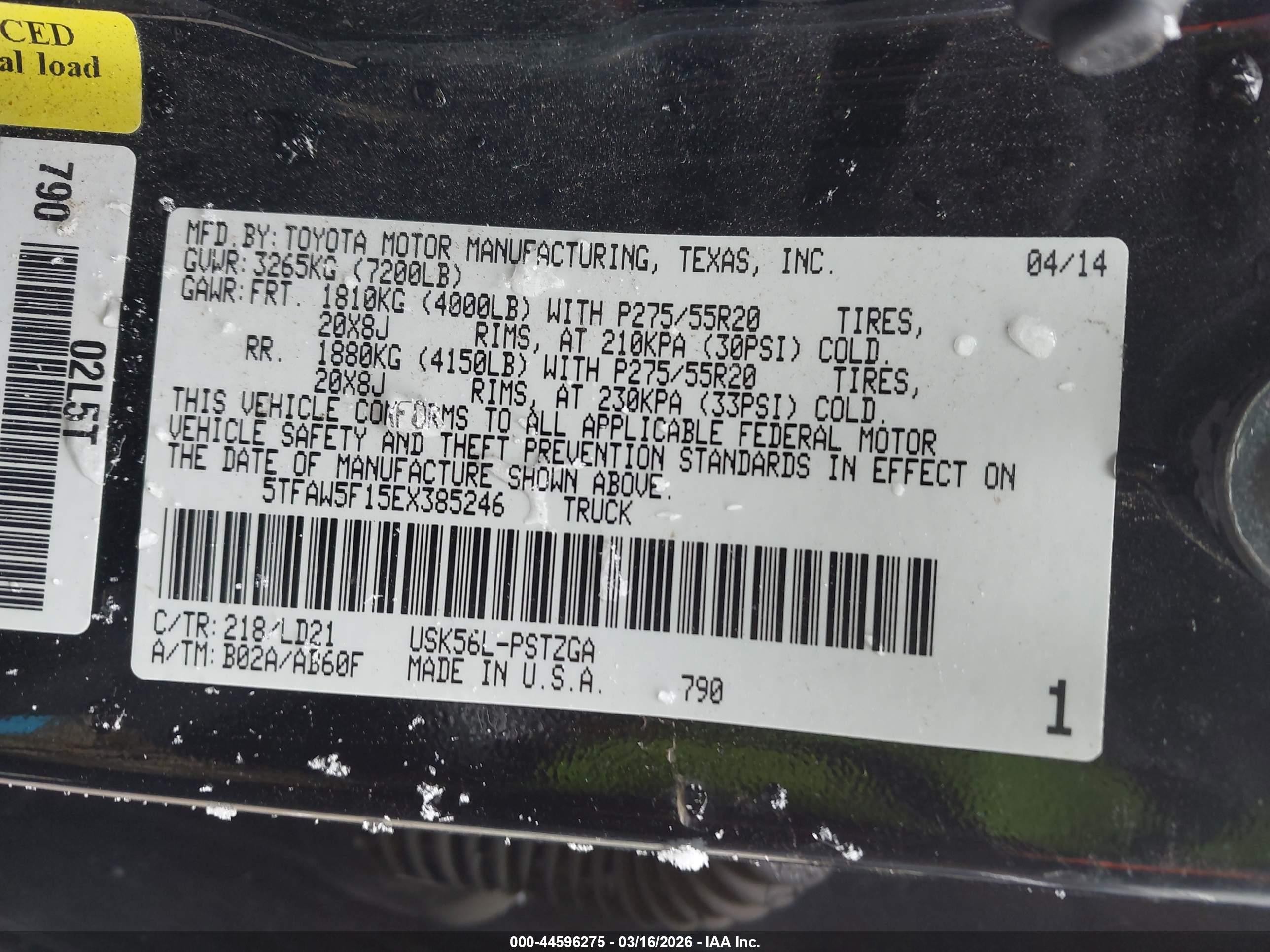 2014 Toyota Tundra 1794 5.7l V8 Black vin: 5TFAW5F15EX385246