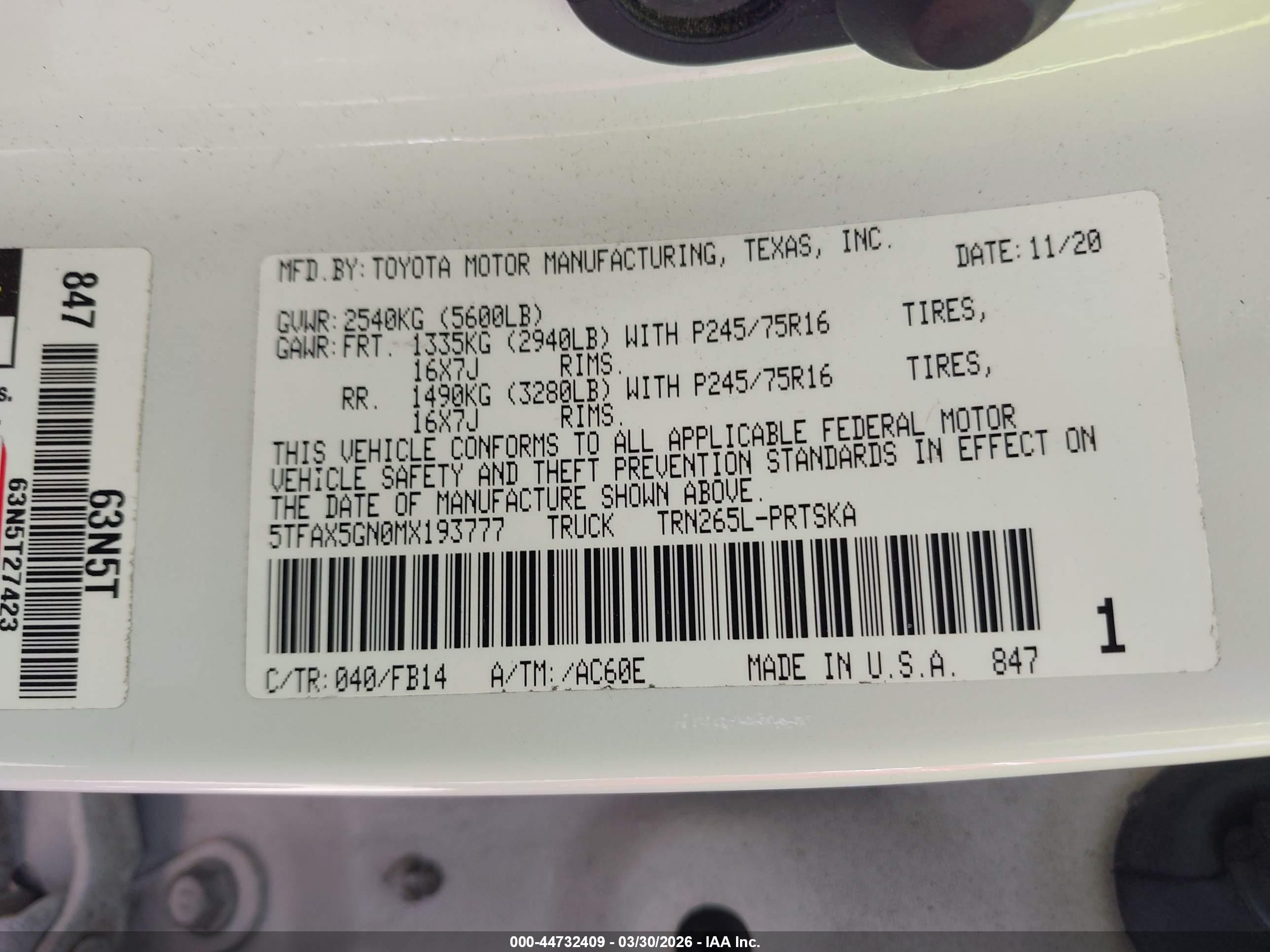 2021 Toyota Tacoma Sr Белый vin: 5TFAX5GN0MX193777