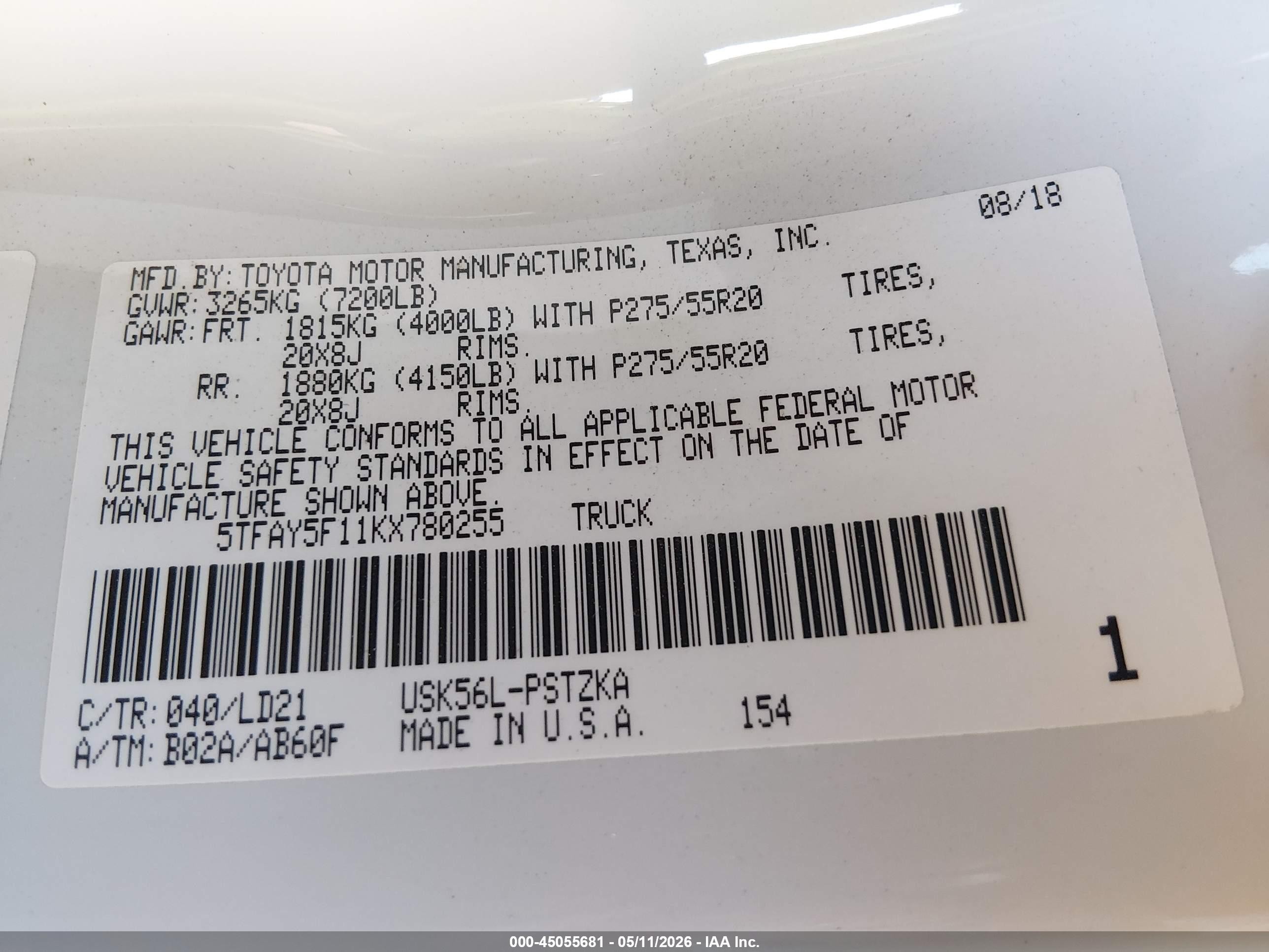 2019 Toyota Tundra 1794 5.7l V8 Белый vin: 5TFAY5F11KX780255