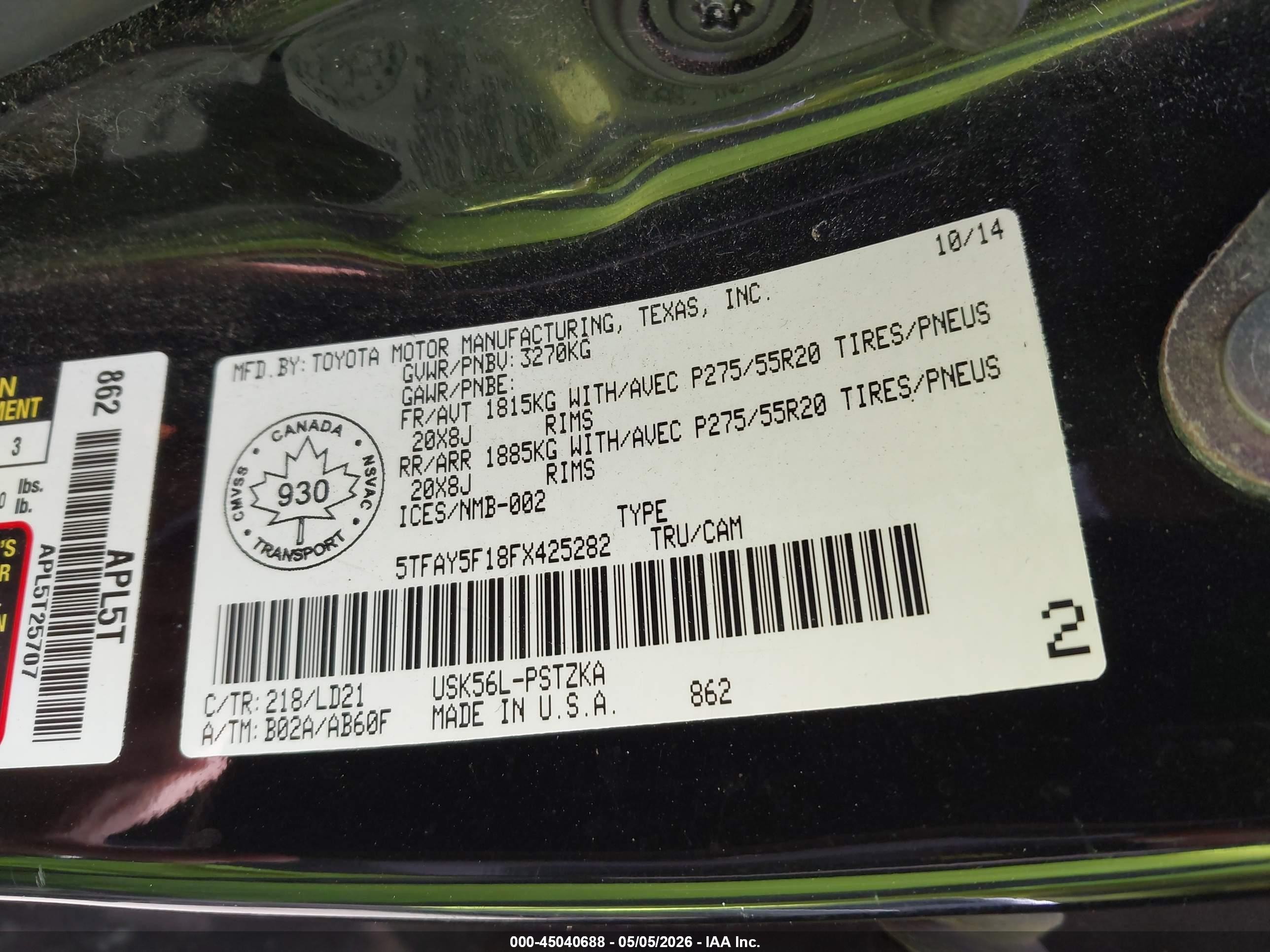 2015 Toyota Tundra Platinum 5.7l V8 Черный vin: 5TFAY5F18FX425282