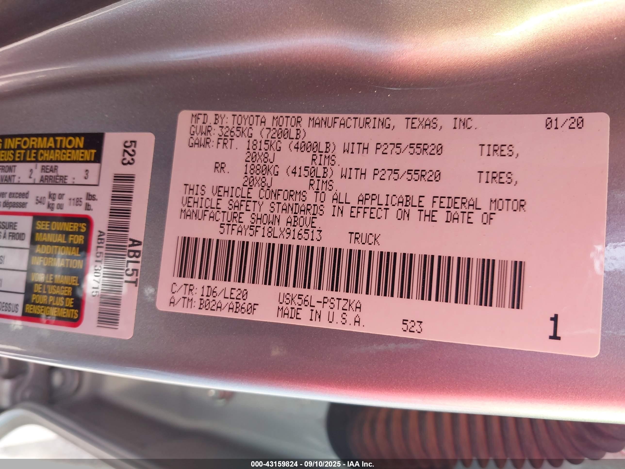 2020 Toyota Tundra Platinum Silver vin: 5TFAY5F18LX916513