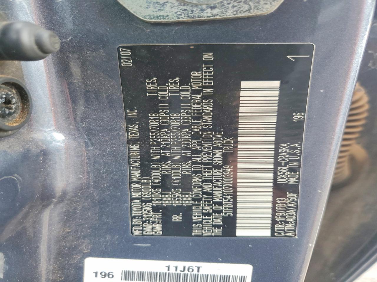 2007 Toyota Tundra Sr5 Gray vin: 5TFBT54107X003949