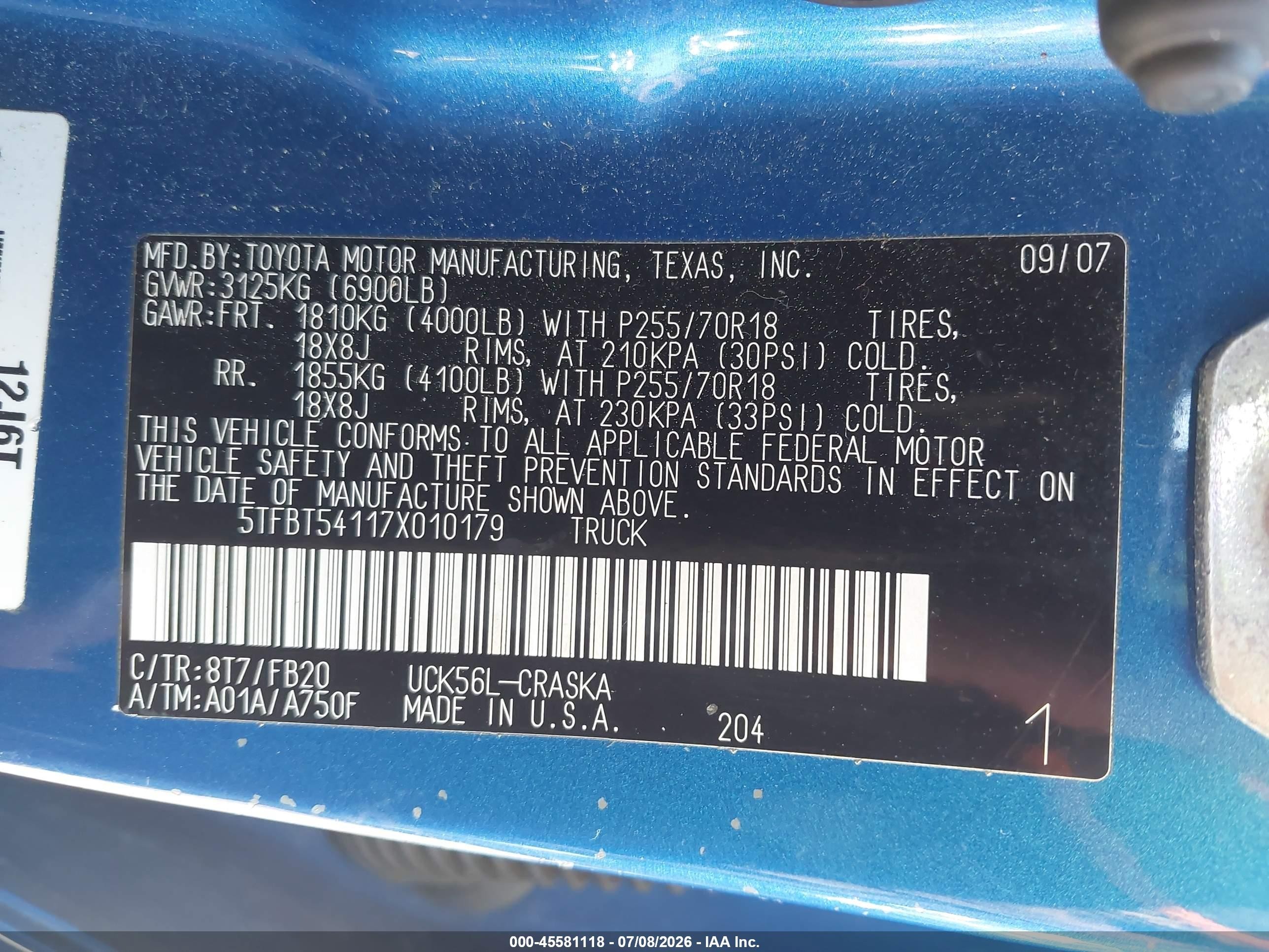 2007 Toyota Tundra Sr5 4.7l V8 Blue vin: 5TFBT54117X010179