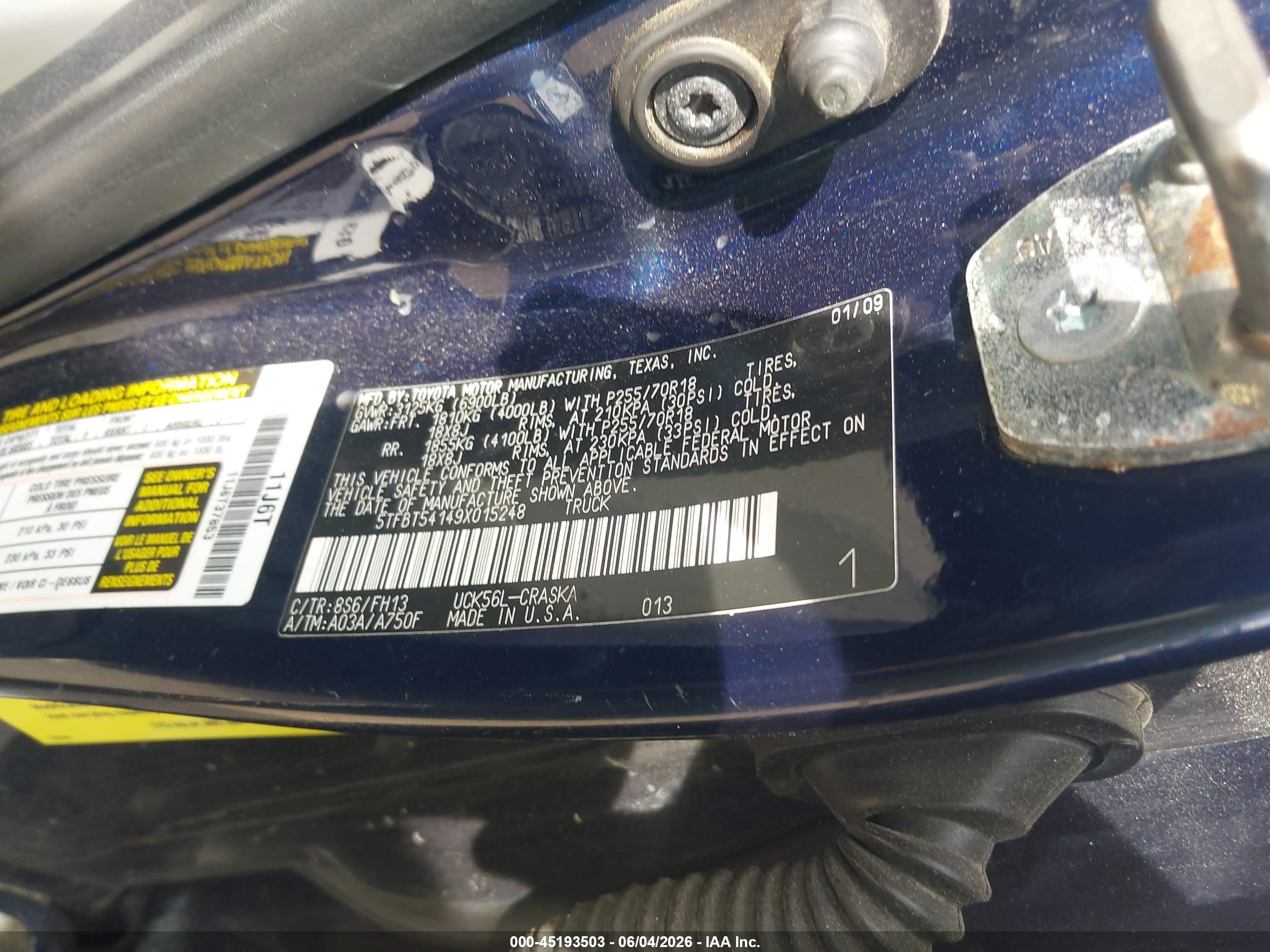 2009 Toyota Tundra Grade 4.7l V8 Blue vin: 5TFBT54149X015248