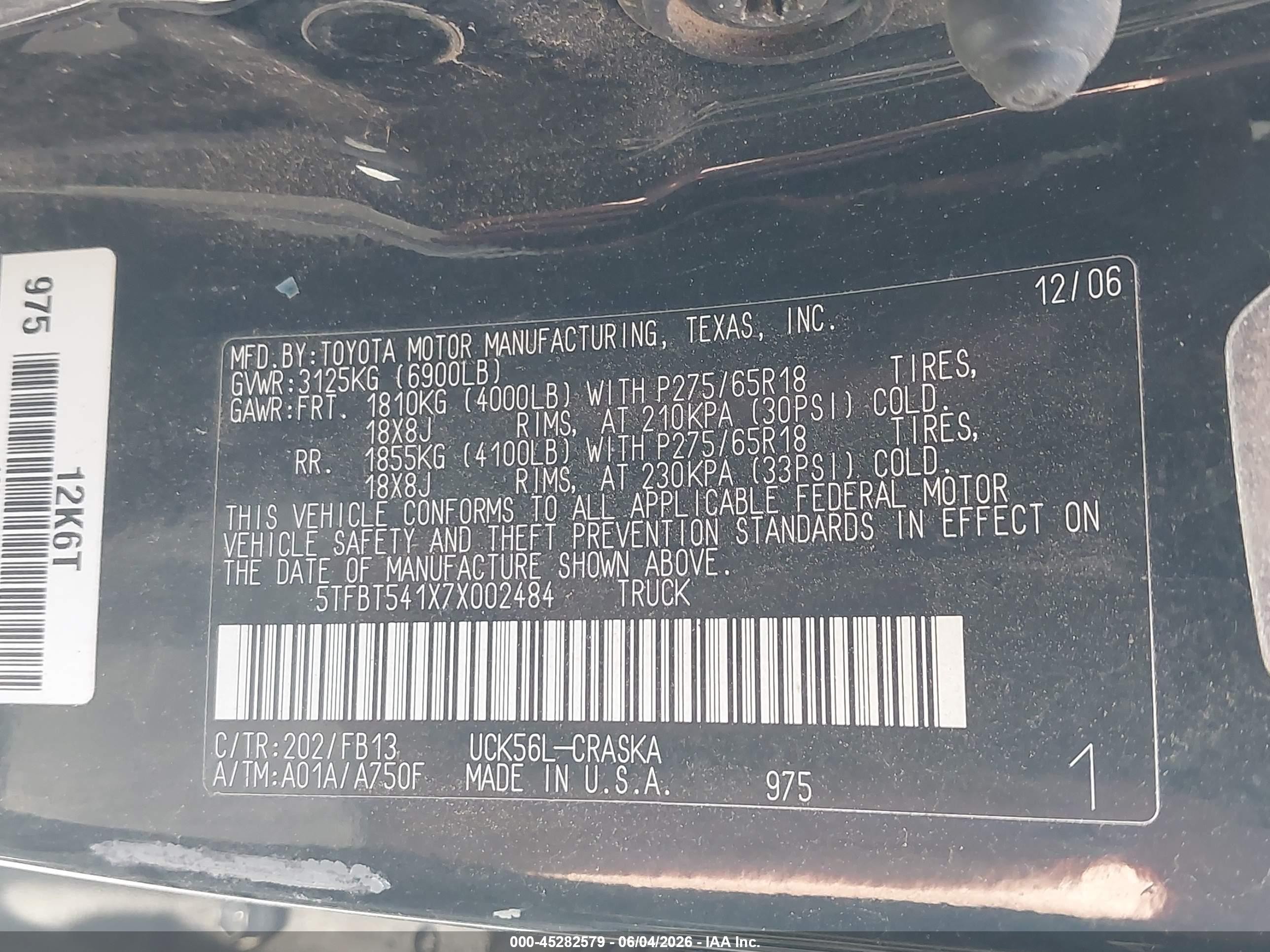 2007 Toyota Tundra Sr5 4.7l V8 Black vin: 5TFBT541X7X002484