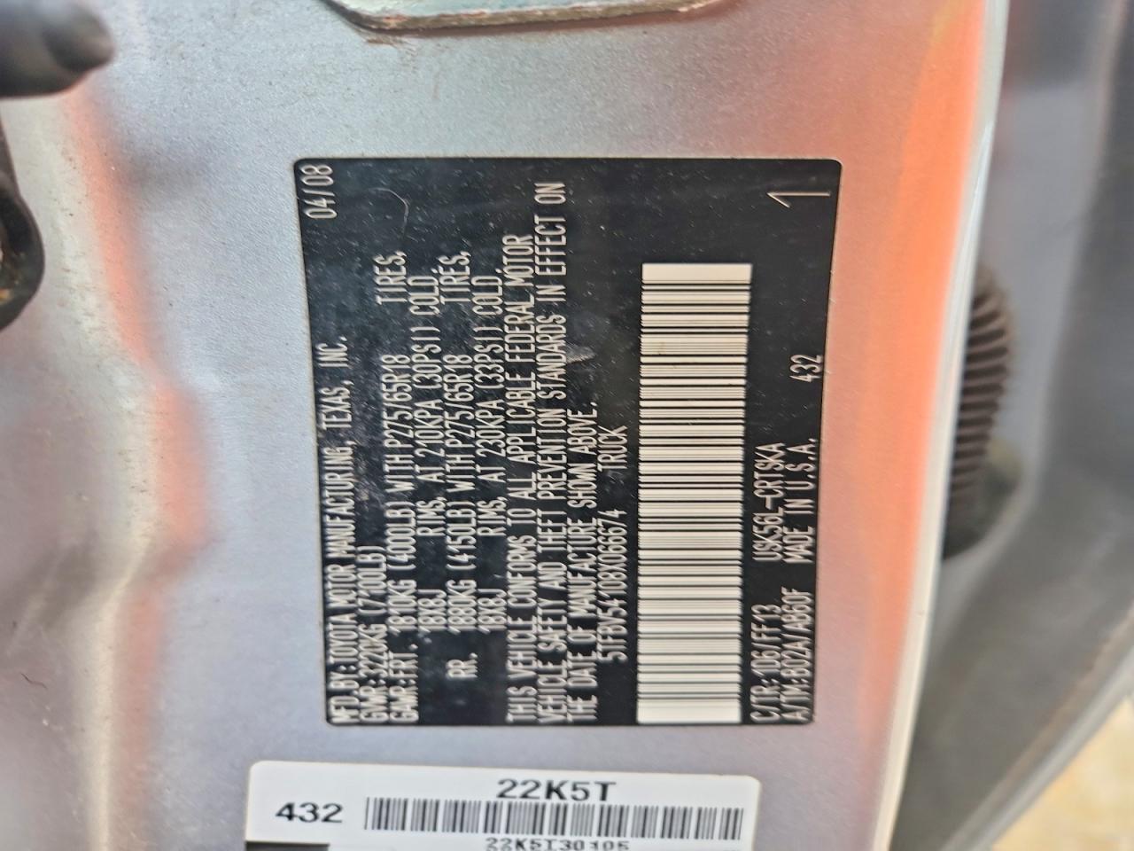 2008 Toyota Tundra Sr5 Silver vin: 5TFBV54108X066674