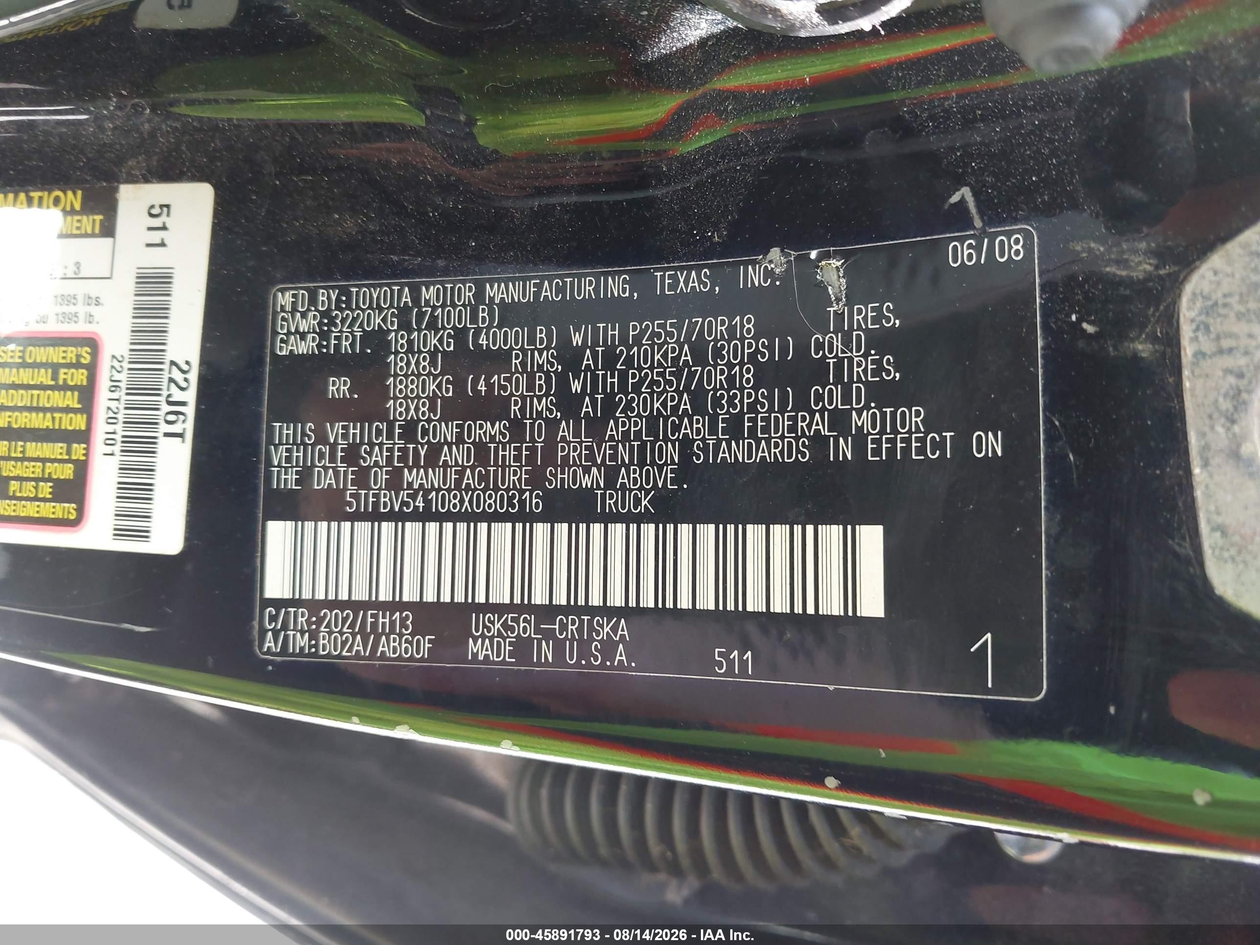 2008 Toyota Tundra Base 5.7l V8 Black vin: 5TFBV54108X080316