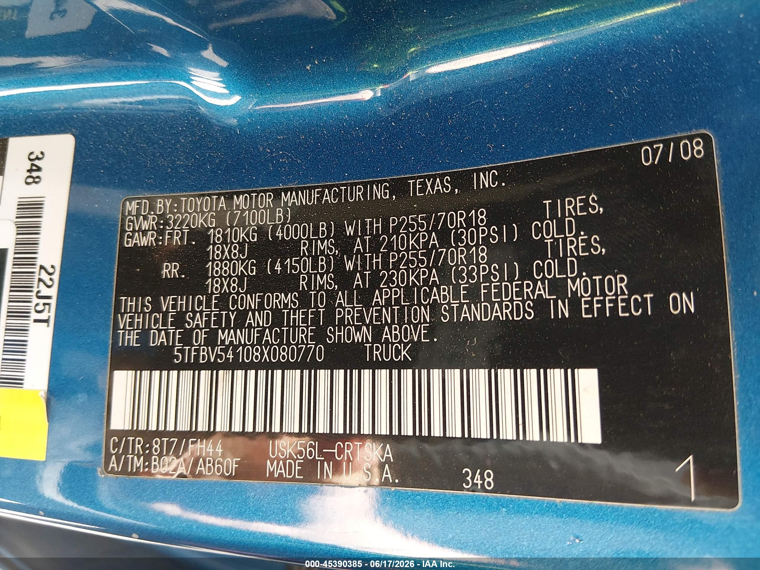 2008 Toyota Tundra Sr5 5.7l V8 Blue vin: 5TFBV54108X080770