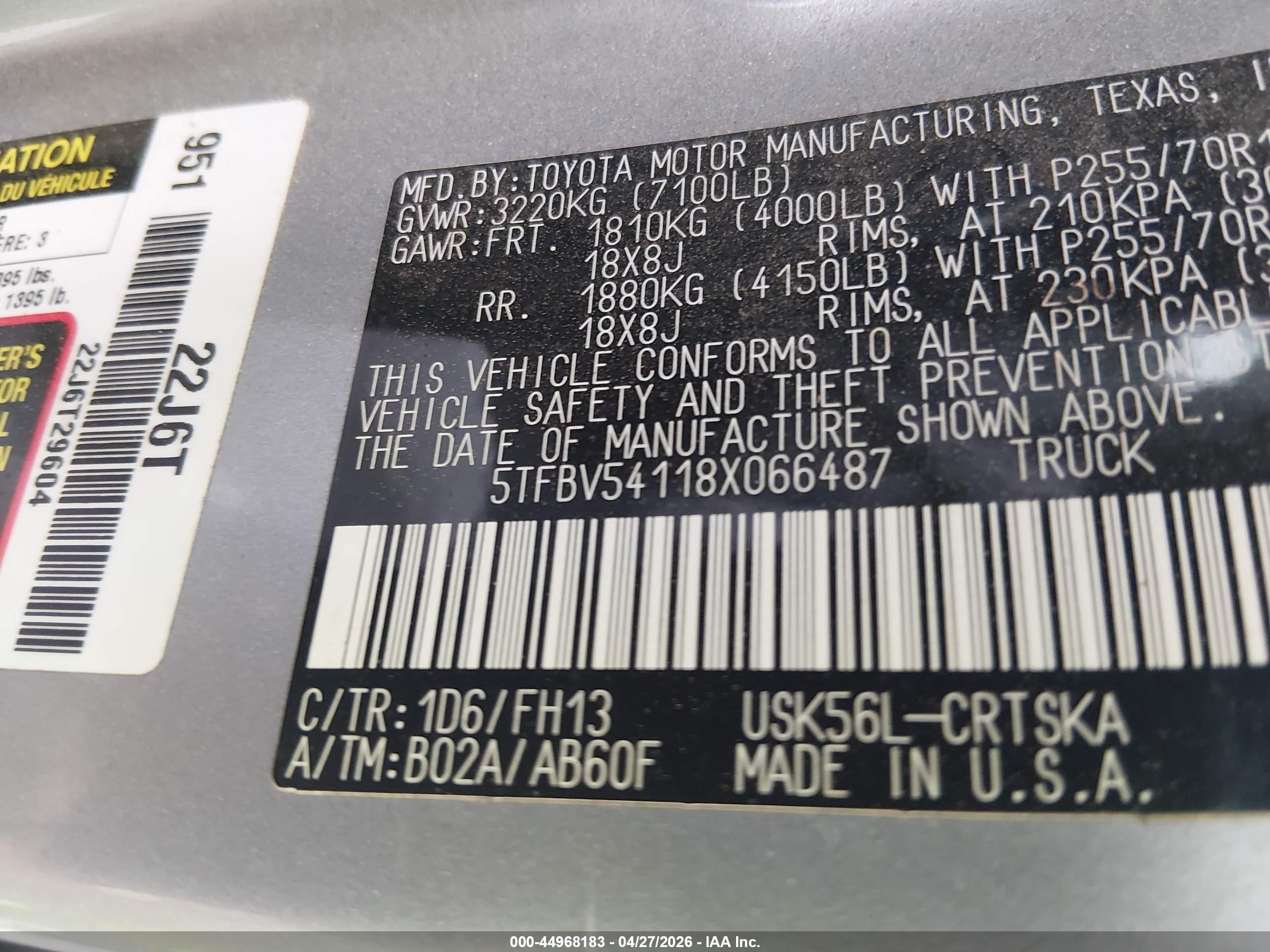 2008 Toyota Tundra Base 5.7l V8 Gray vin: 5TFBV54118X066487