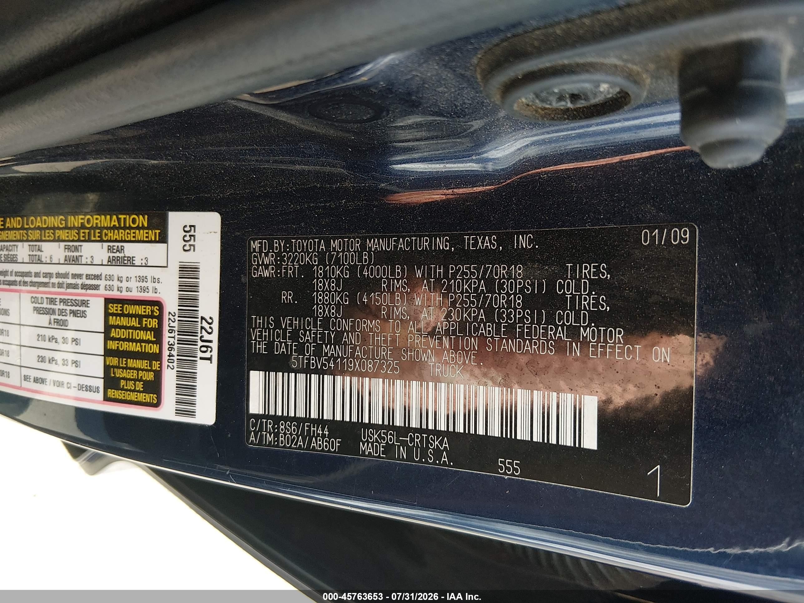 2009 Toyota Tundra Grade 5.7l V8 Blue vin: 5TFBV54119X087325
