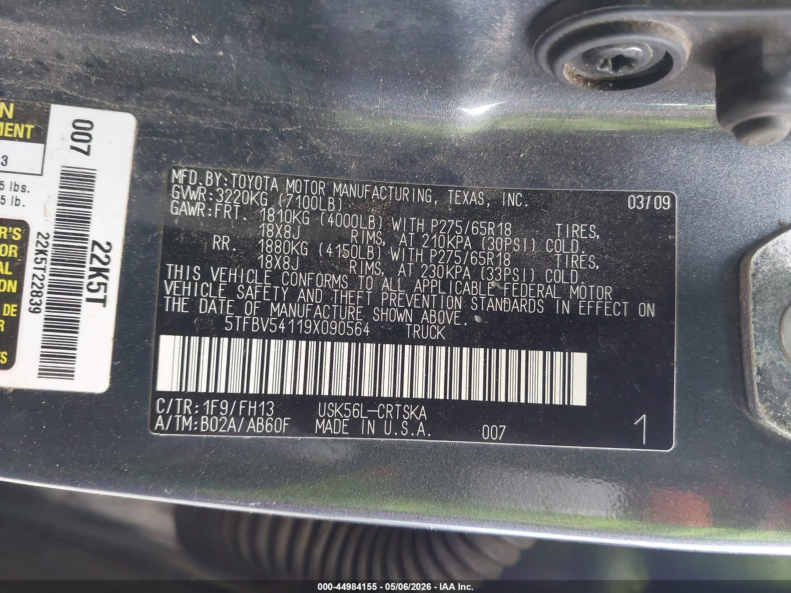 2009 Toyota Tundra Sr5 5.7l V8 vin: 5TFBV54119X090564