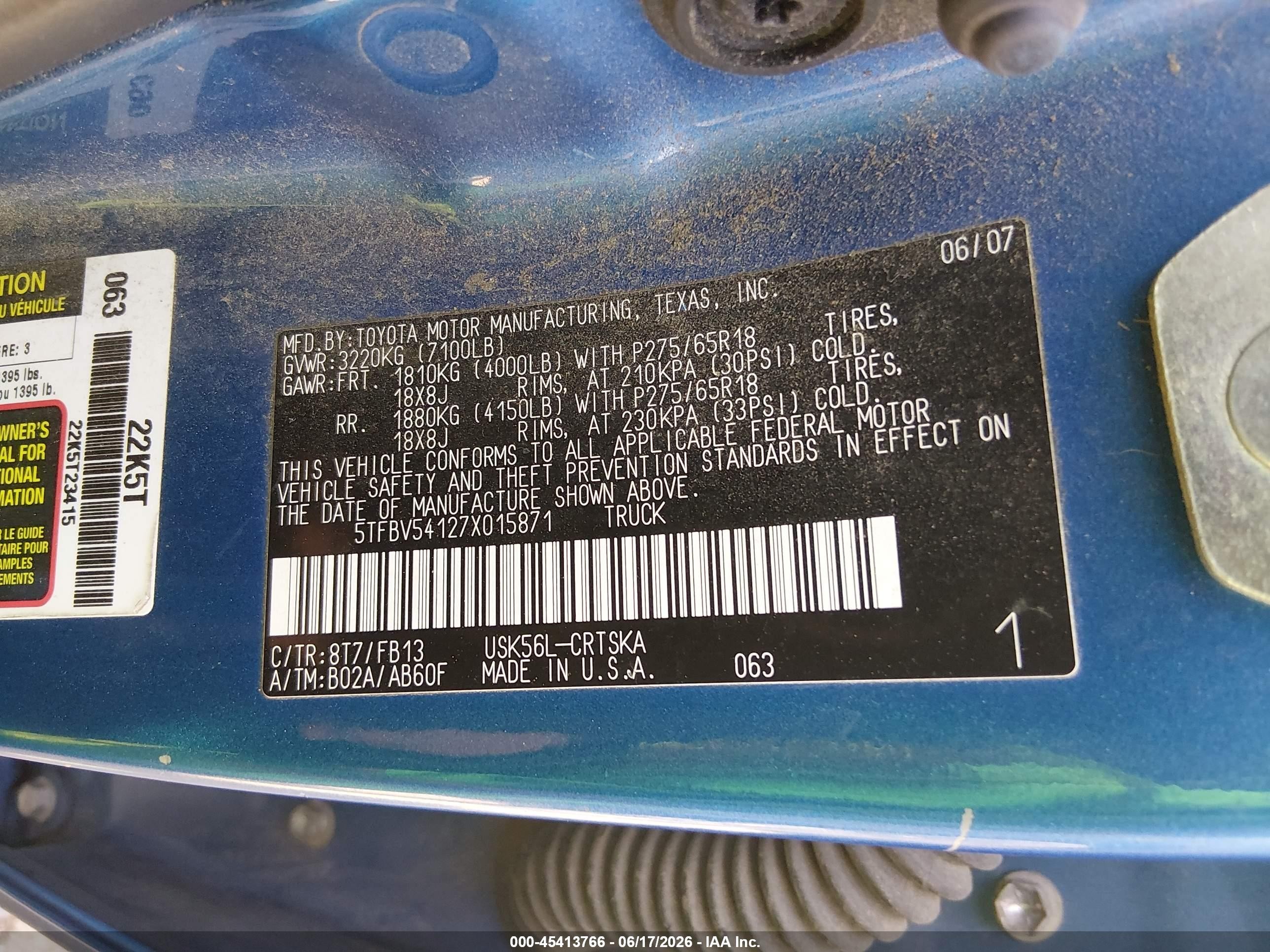 2007 Toyota Tundra Sr5 5.7l V8 Blue vin: 5TFBV54127X015871