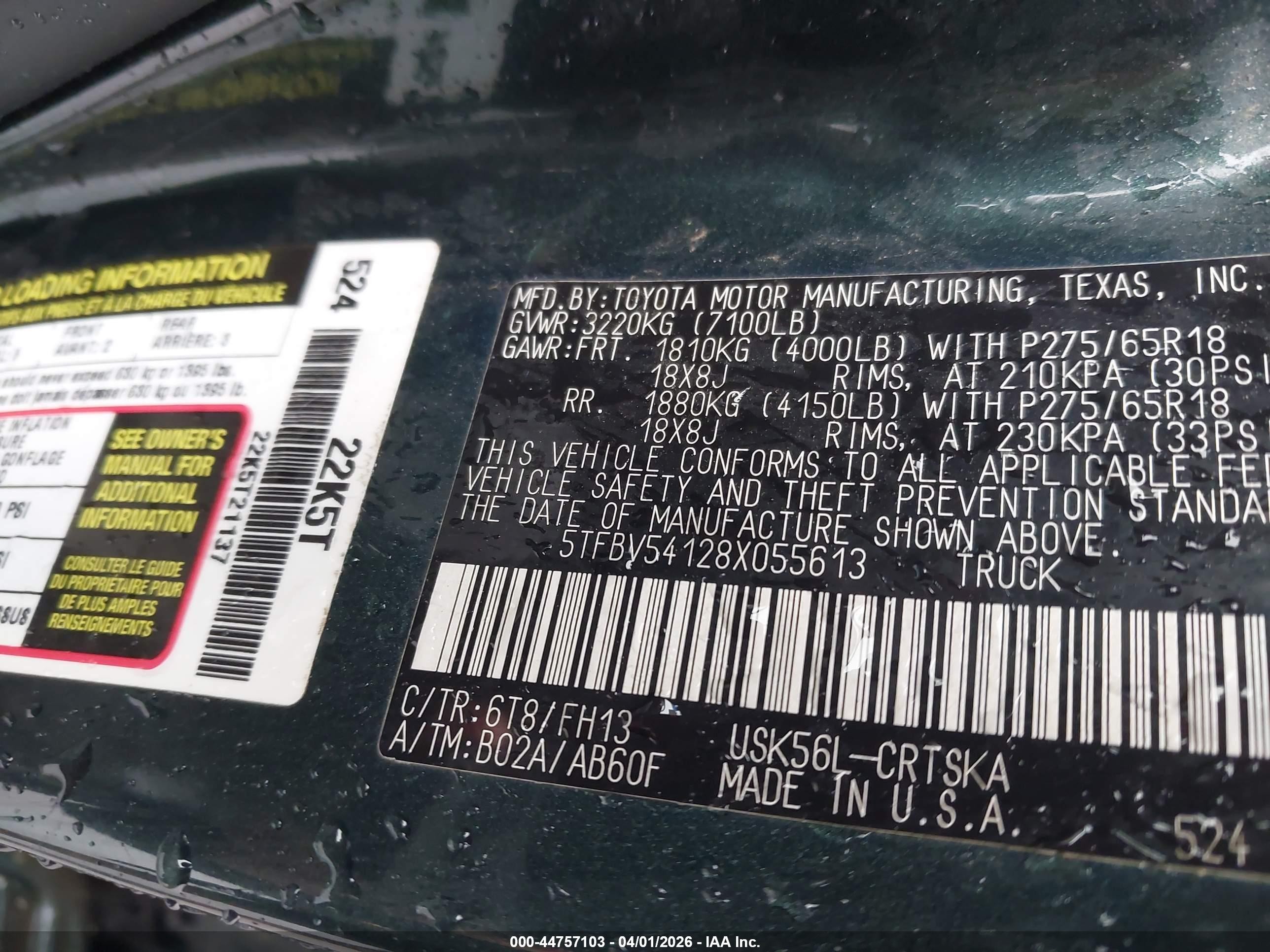 2008 Toyota Tundra Base 5.7l V8 Green vin: 5TFBV54128X055613