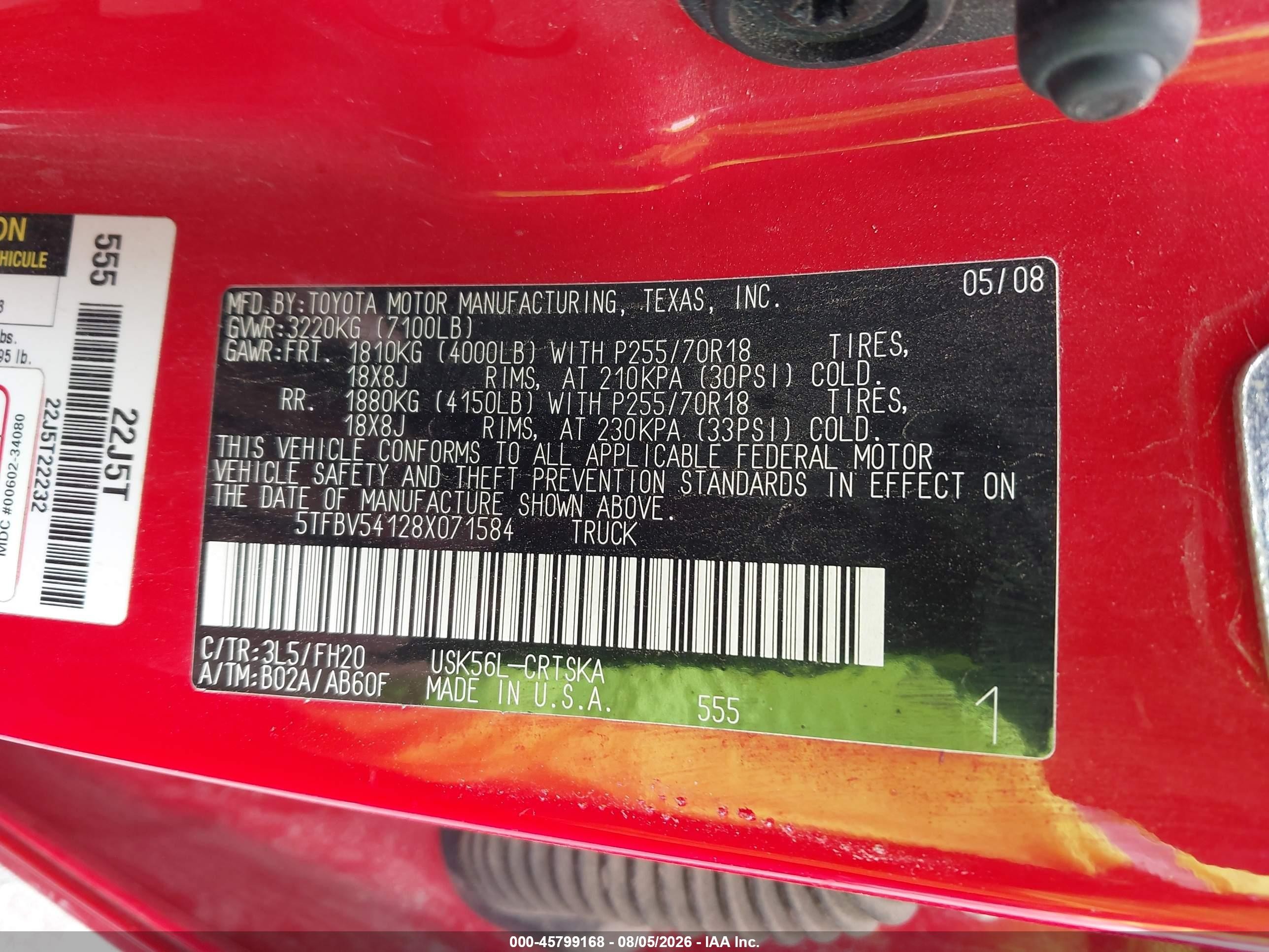 2008 Toyota Tundra Base 5.7l V8 Red vin: 5TFBV54128X071584