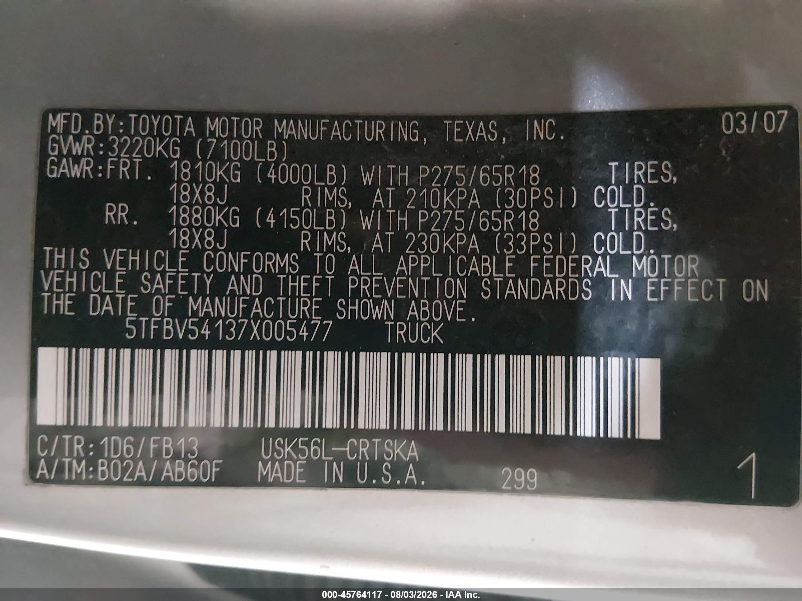 2007 Toyota Tundra Sr5 5.7l V8 Gray vin: 5TFBV54137X005477