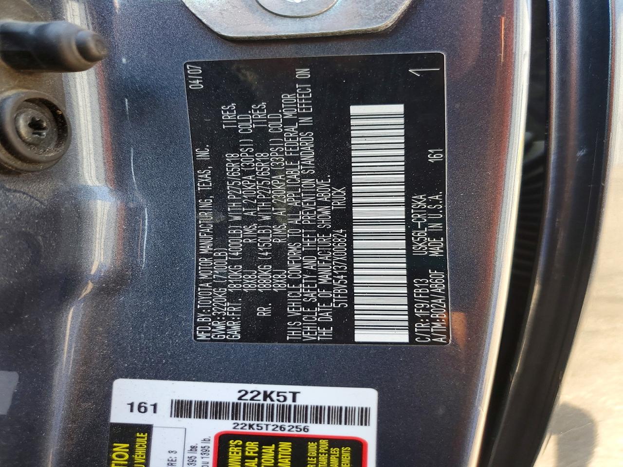 2007 Toyota Tundra Sr5 Gray vin: 5TFBV54137X006824